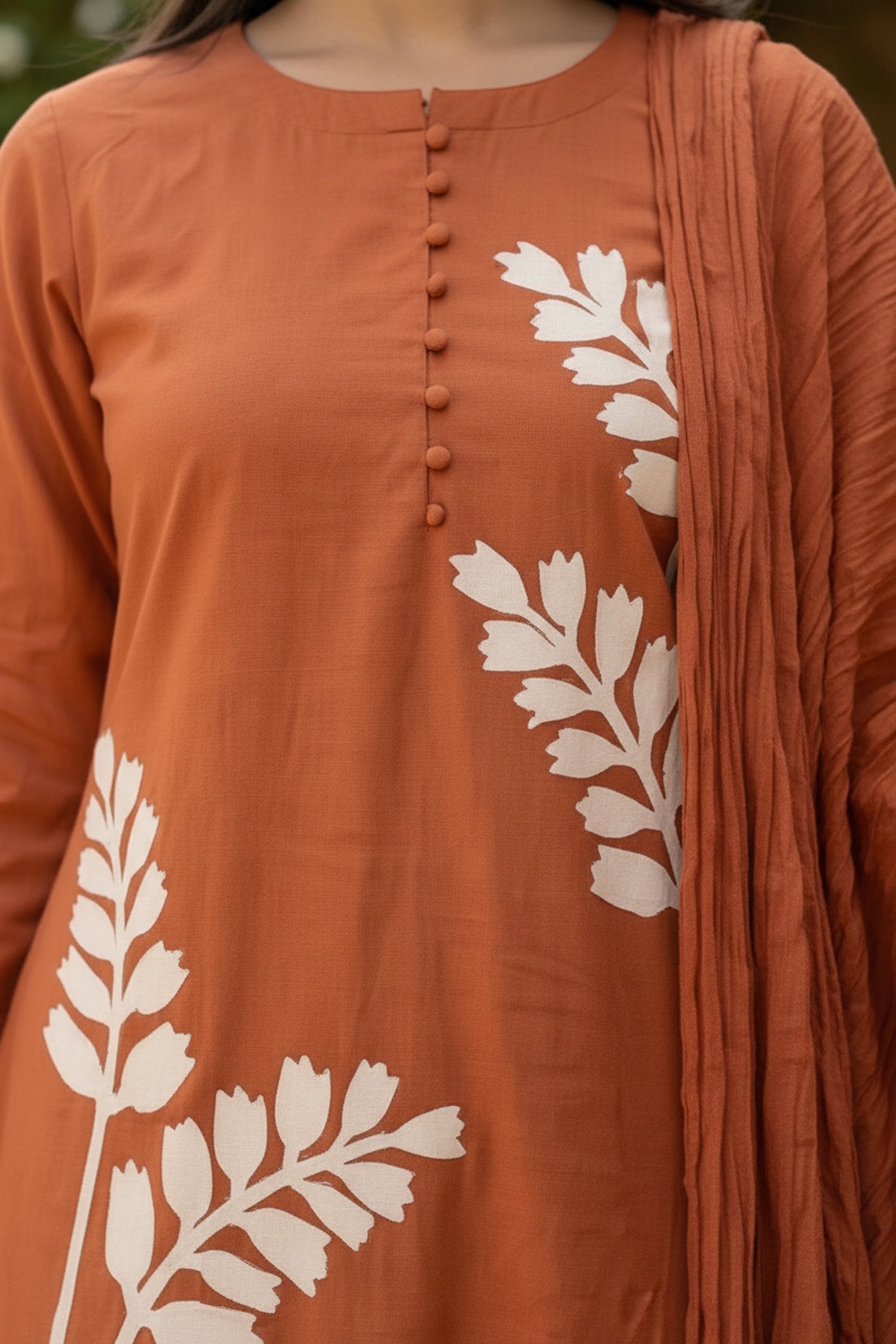 Orange Cotton Three-Piece Set with Minimal Work in Straight Cut