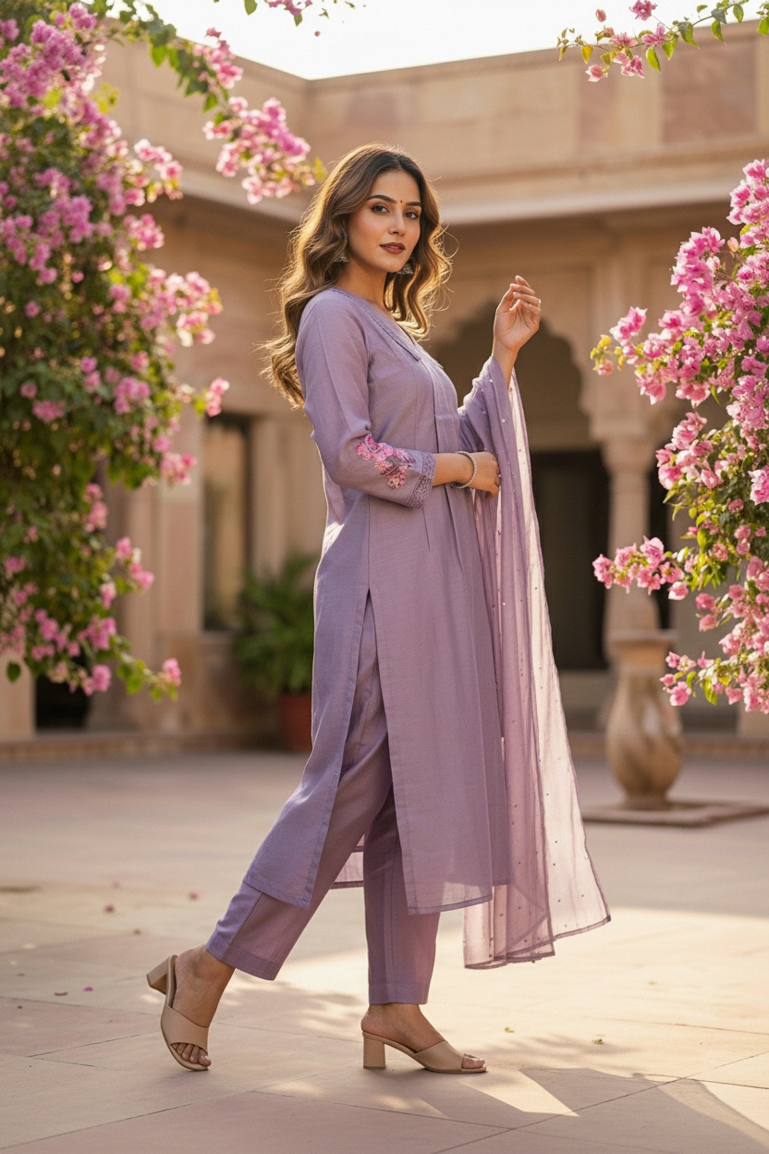 Pastel Lilac Cotton Three Piece