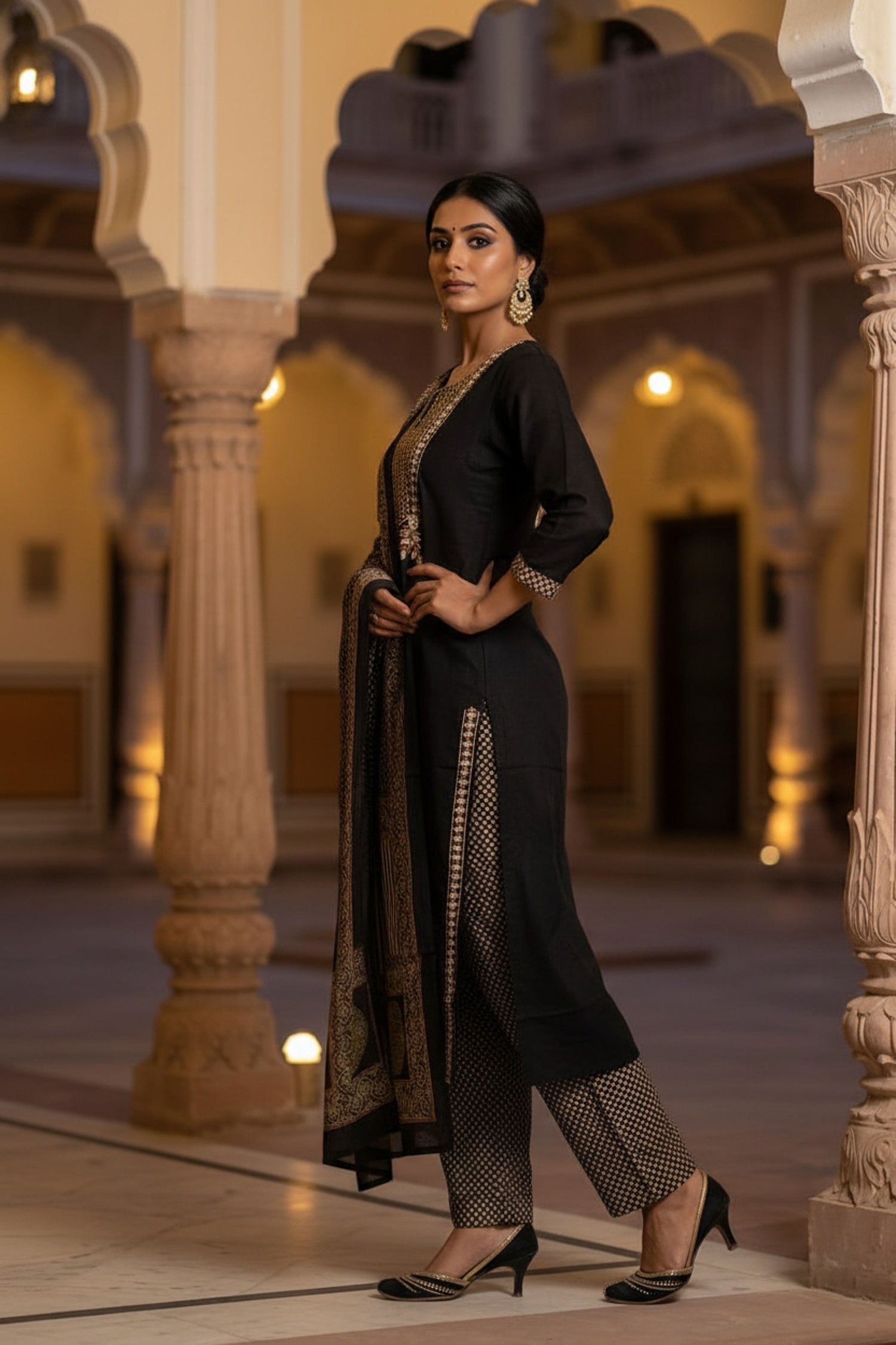 Black Royale Embroidered Straight-Cut Three Piece Suit Set
