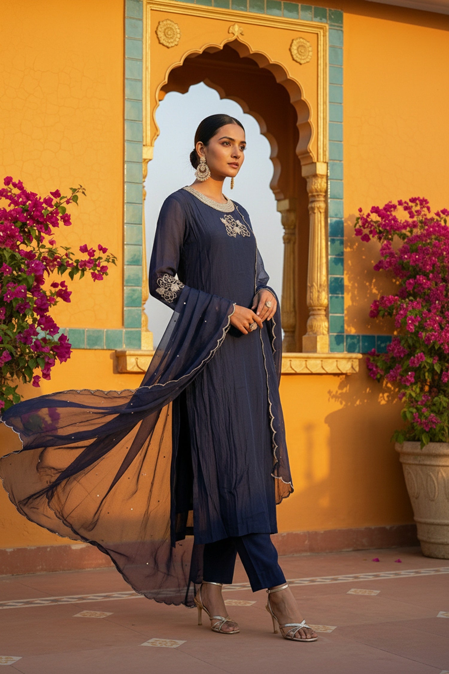 Blue Embroidered Three Piece Suit Set