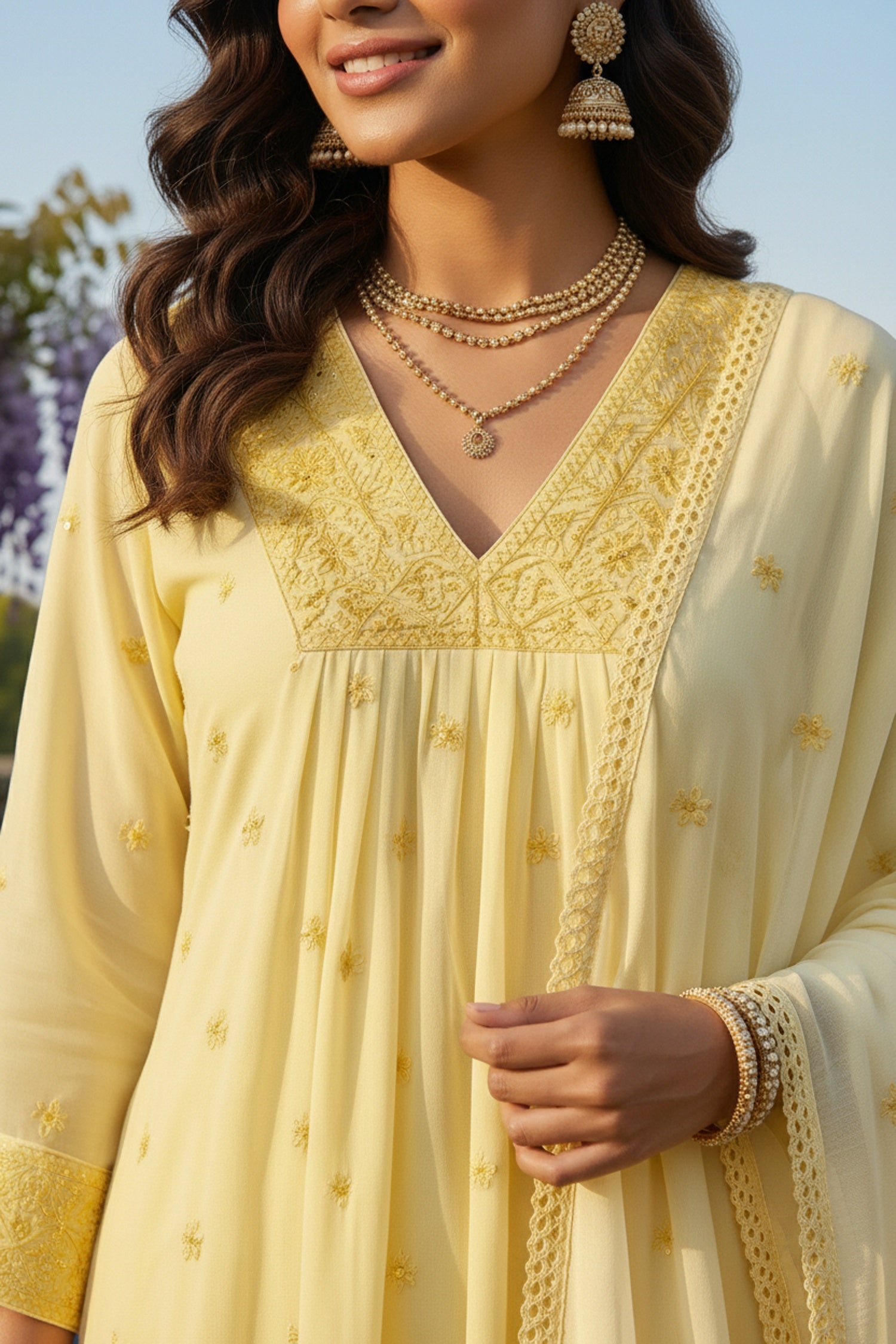 Yellow Mul Cotton Three Piece Suit Set