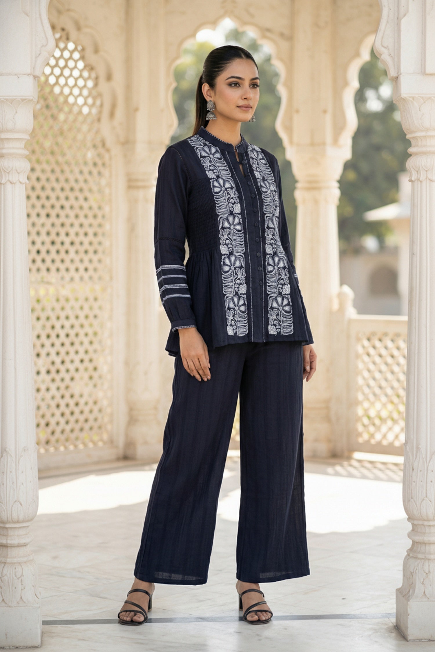 Blue Cotton Co-ord Set with White Thread Work