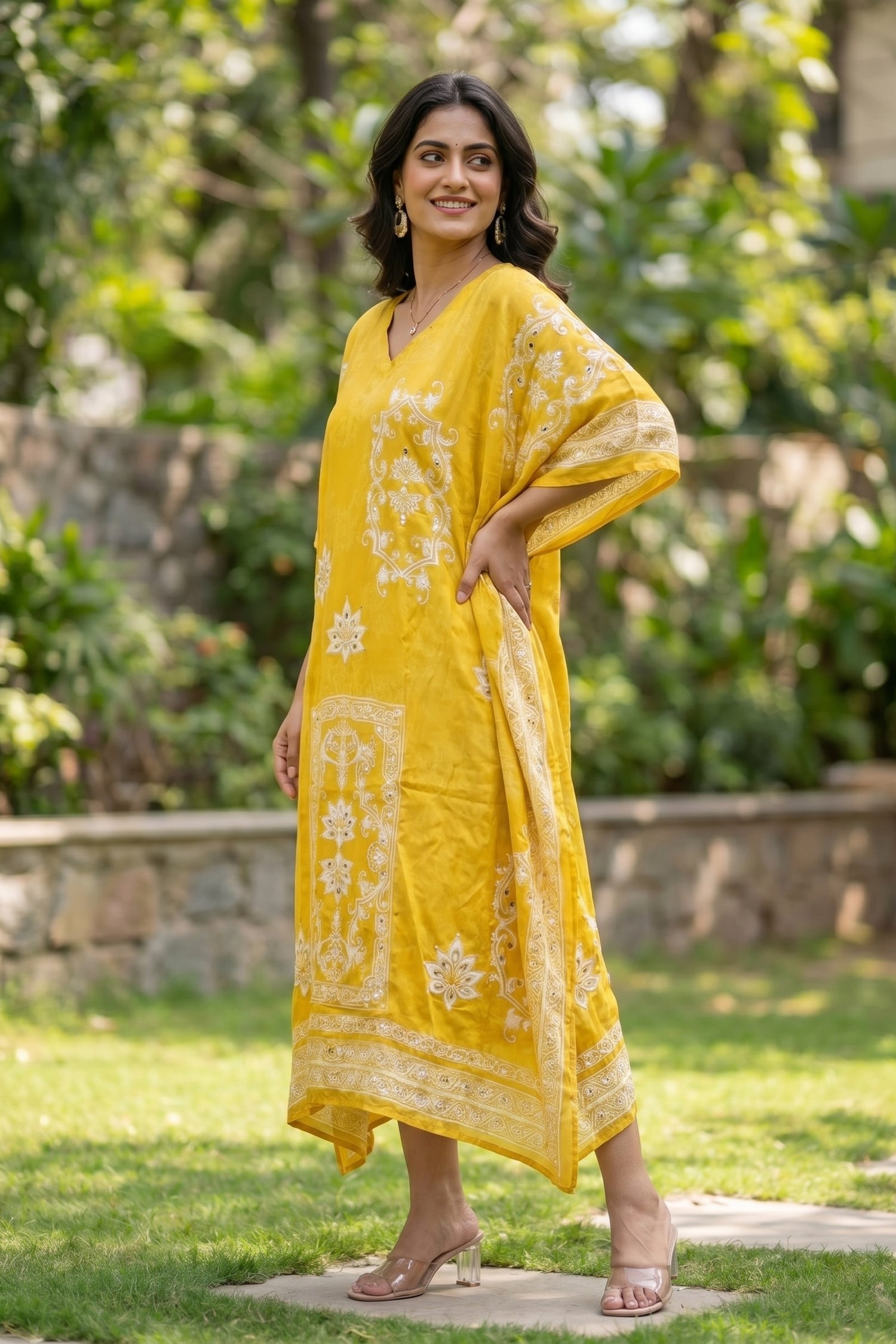 Long Yellow Chinon Silk Kaftan with Digital Print
