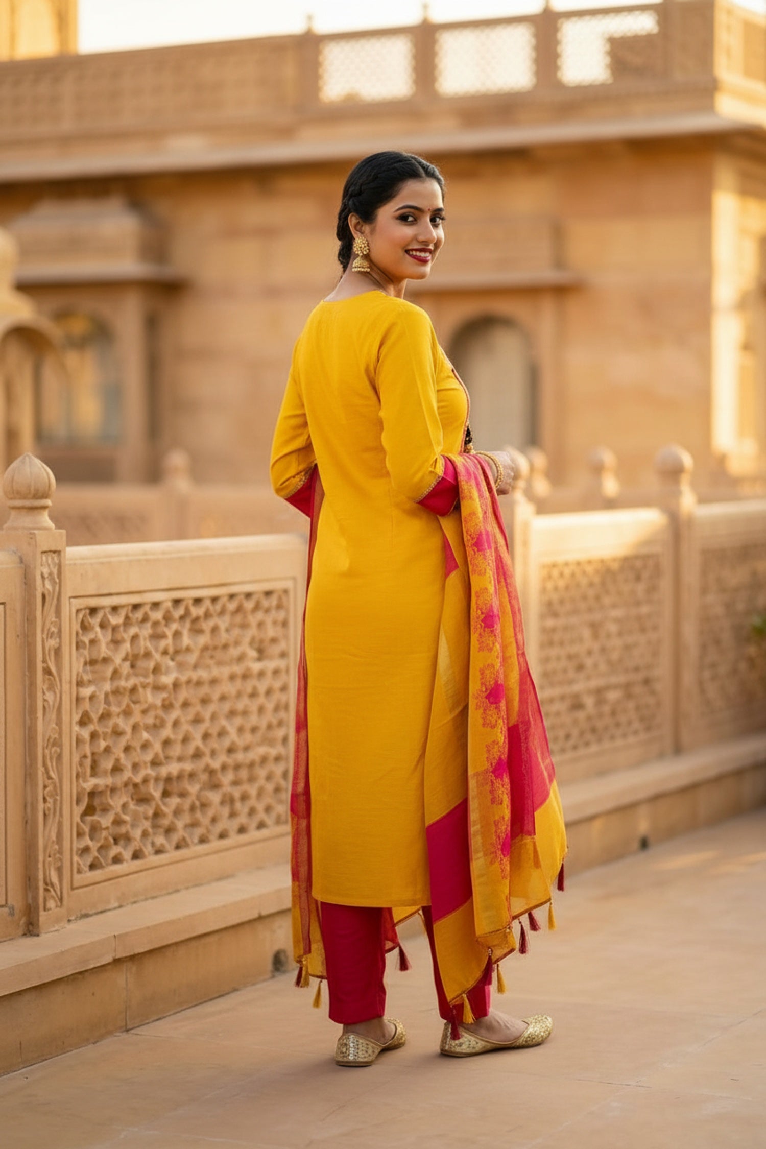 Mustard Straight-Cut Embroidered Three Piece Suit Set