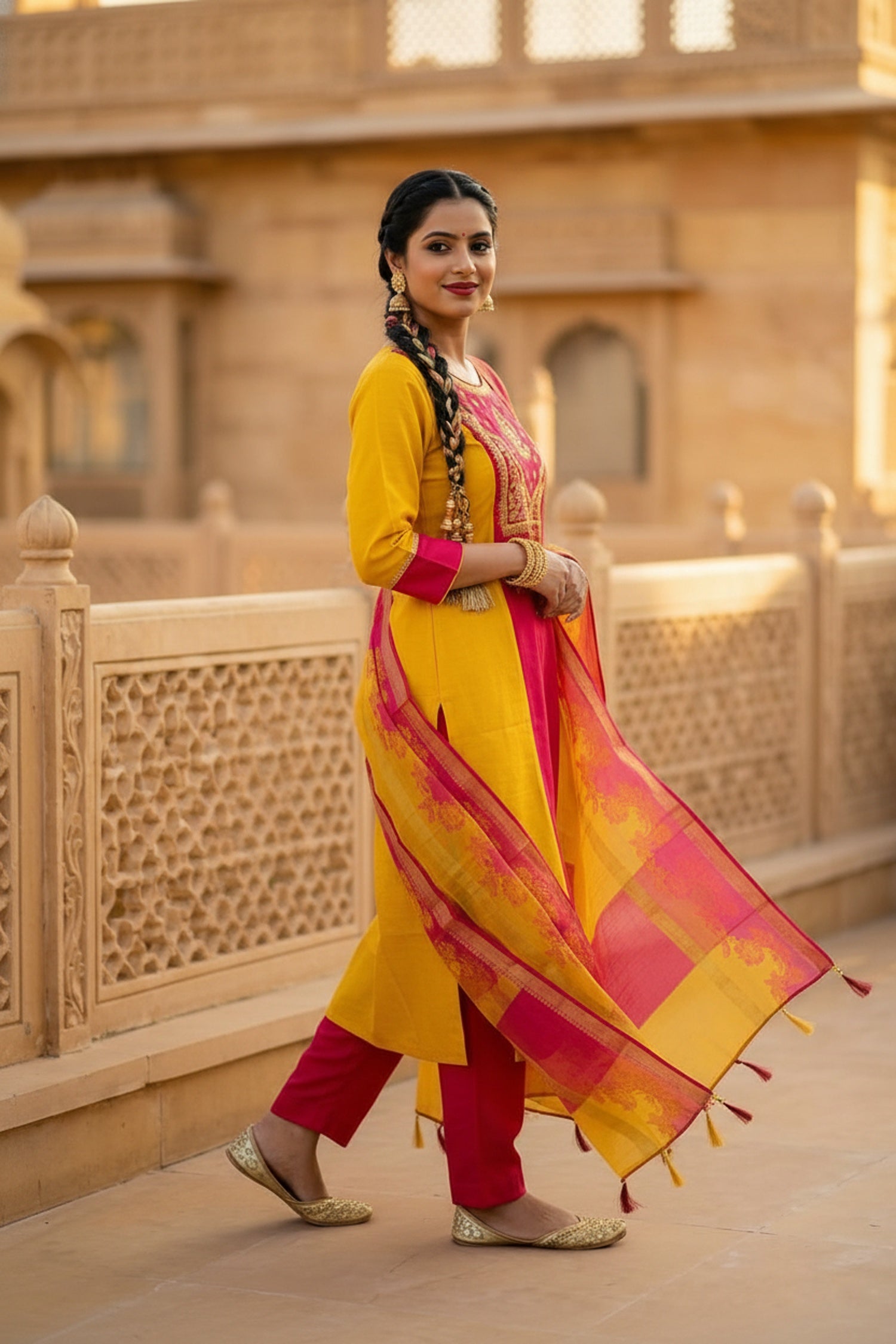 Mustard Straight-Cut Embroidered Three Piece Suit Set