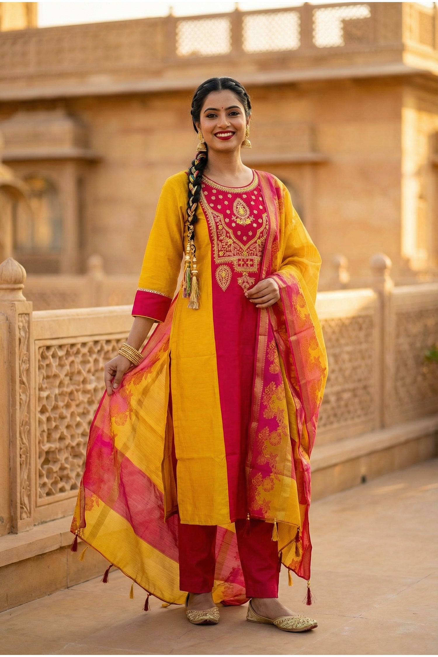 Mustard Straight-Cut Embroidered Three Piece Suit Set