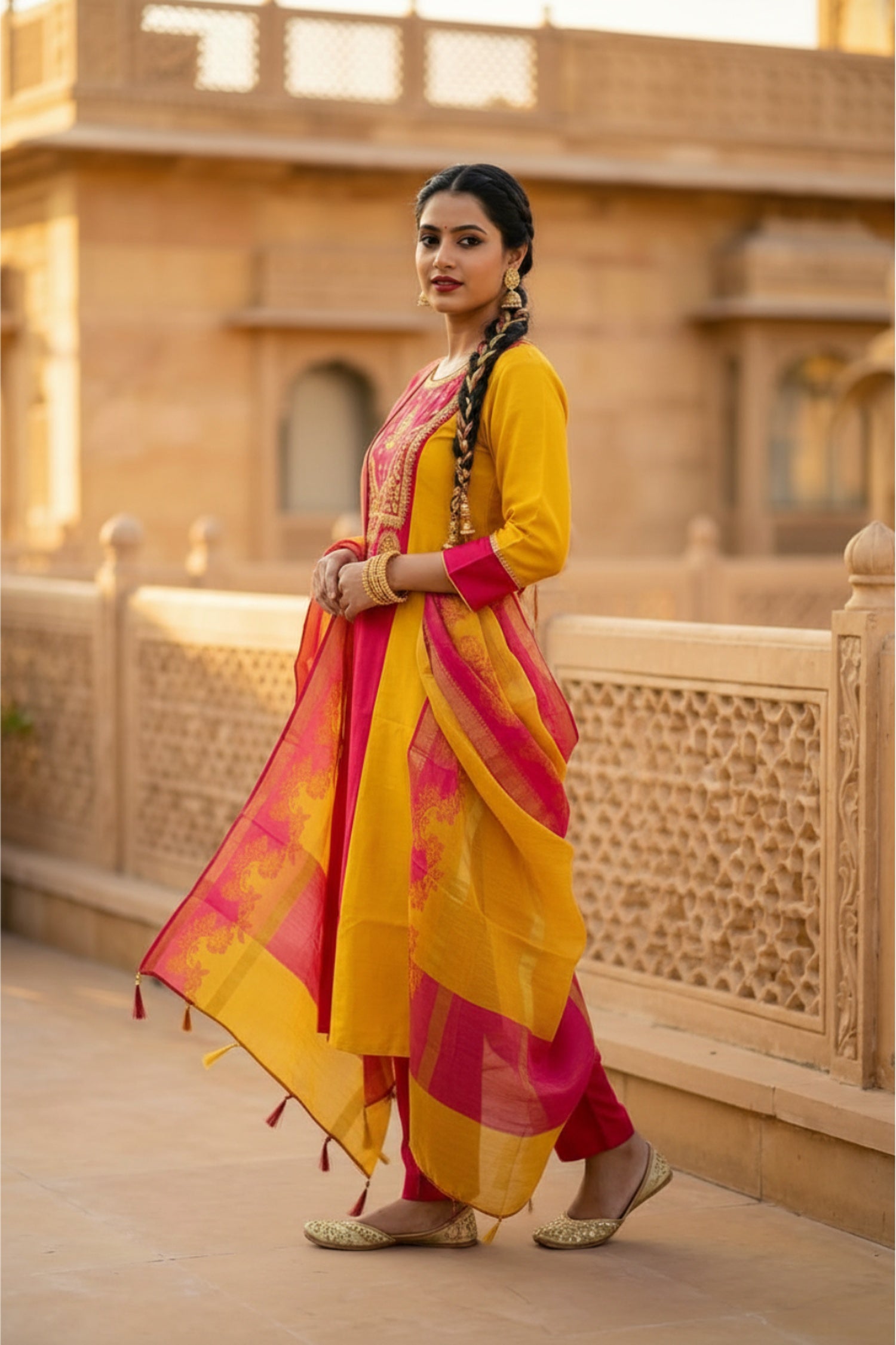 Mustard Straight-Cut Embroidered Three Piece Suit Set