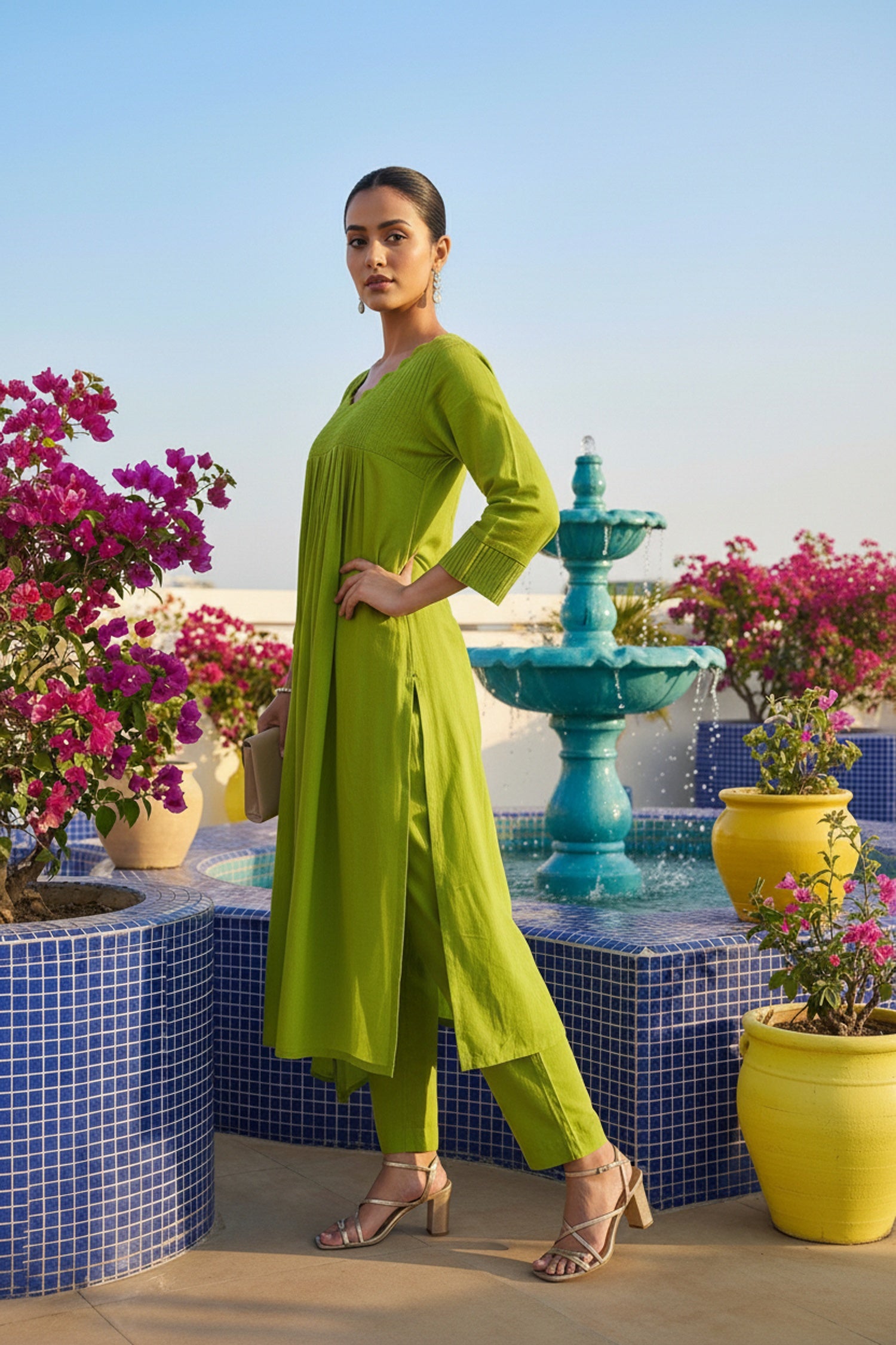 Green Mul Cotton Three Piece with Minimal Embroidery