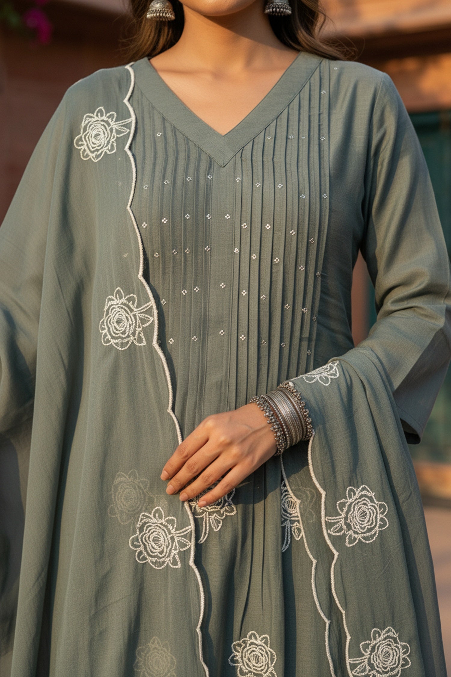 Bottle Green Mul Cotton Three Piece with Minimal Print