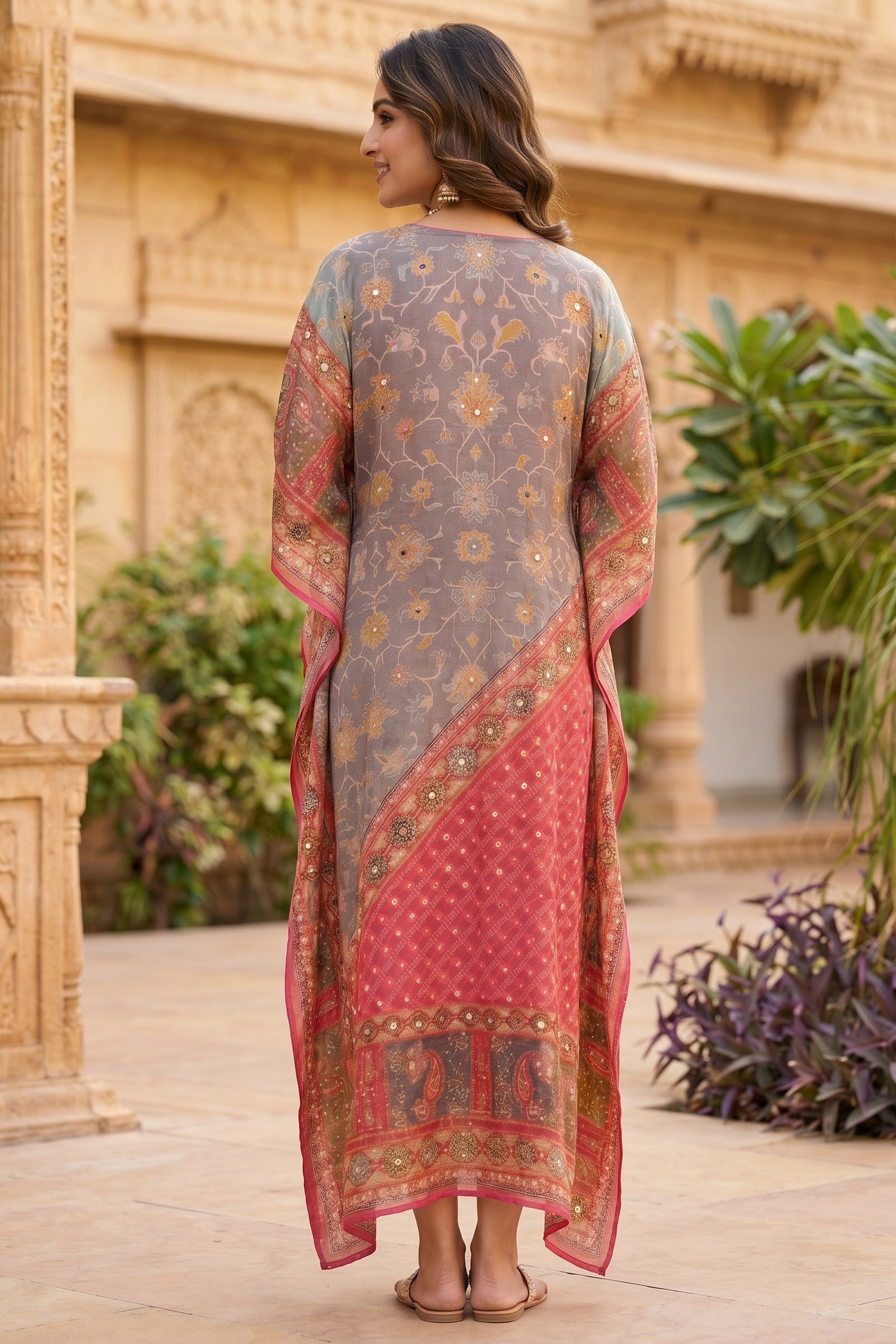 Mono Floral Printed Long Kaftan