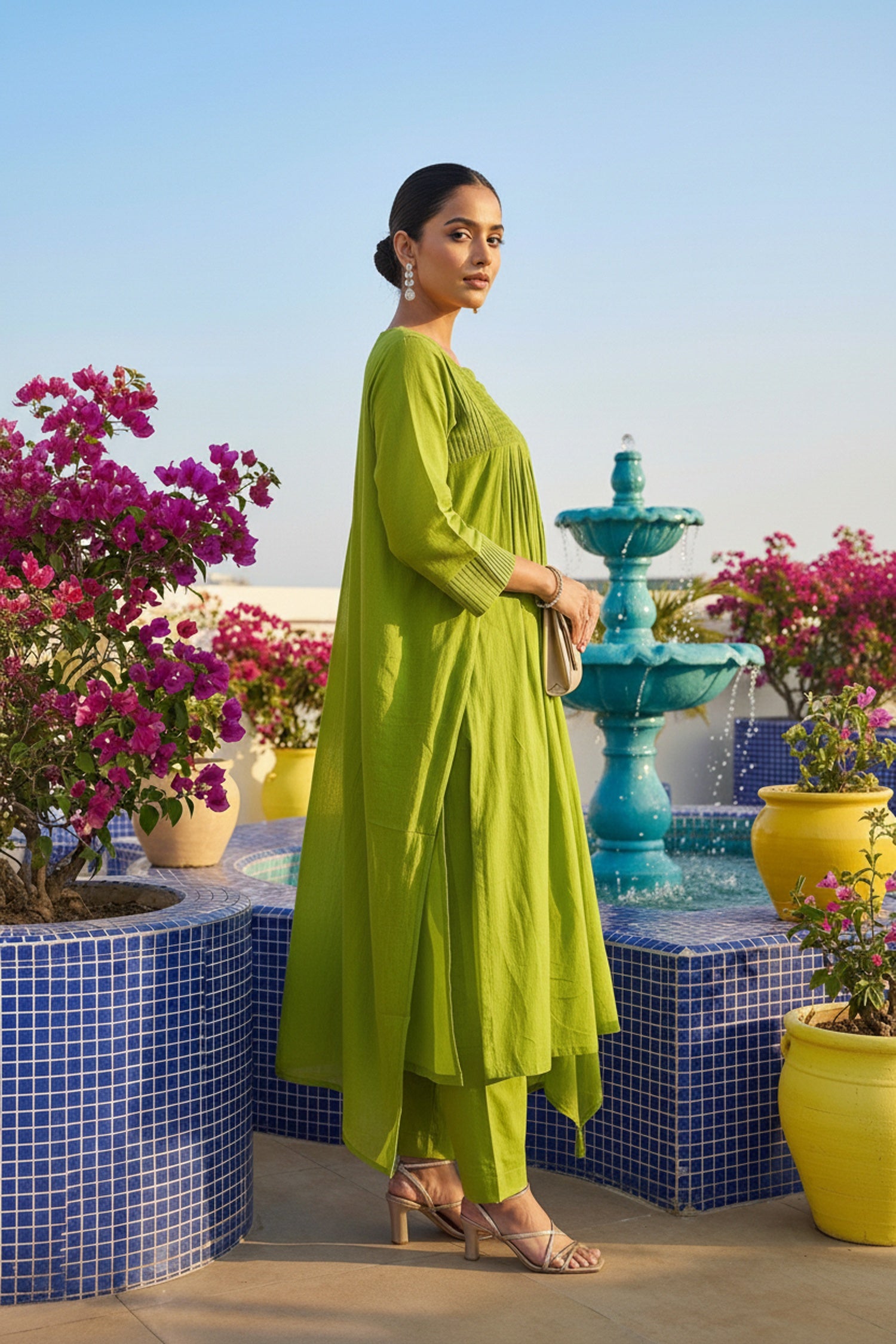 Green Mul Cotton Three Piece with Minimal Embroidery