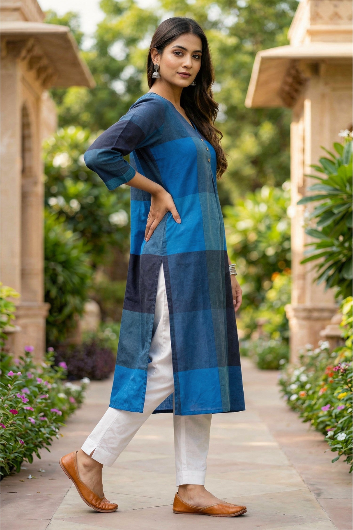 Blue Patterned Cotton Work Long Kurti