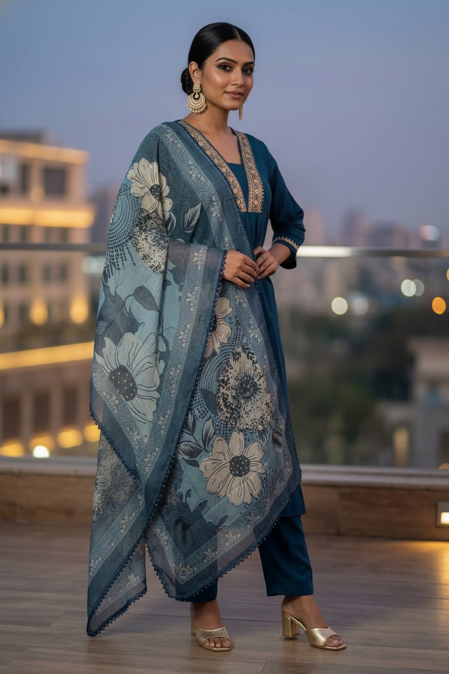 Royal Navy Straight-Cut Suit with Printed Dupatta