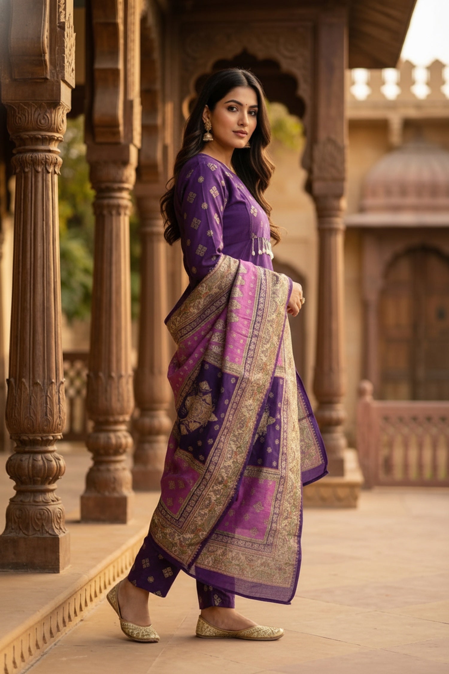 Purple Royale Straight-Cut Embroidered Three Piece Suit Set