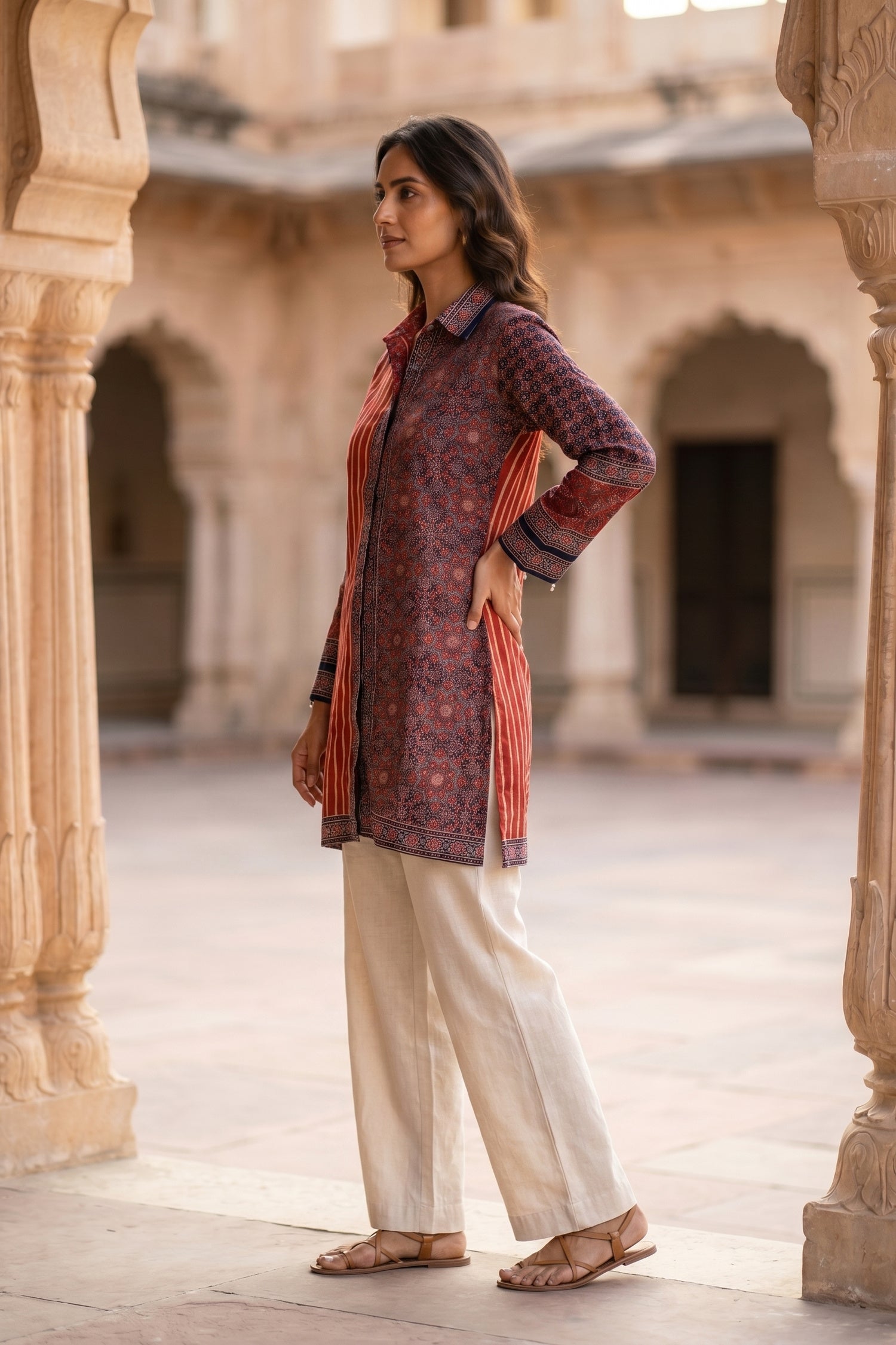 Rich Maroon Red Ajarak Print Crepe Shirt