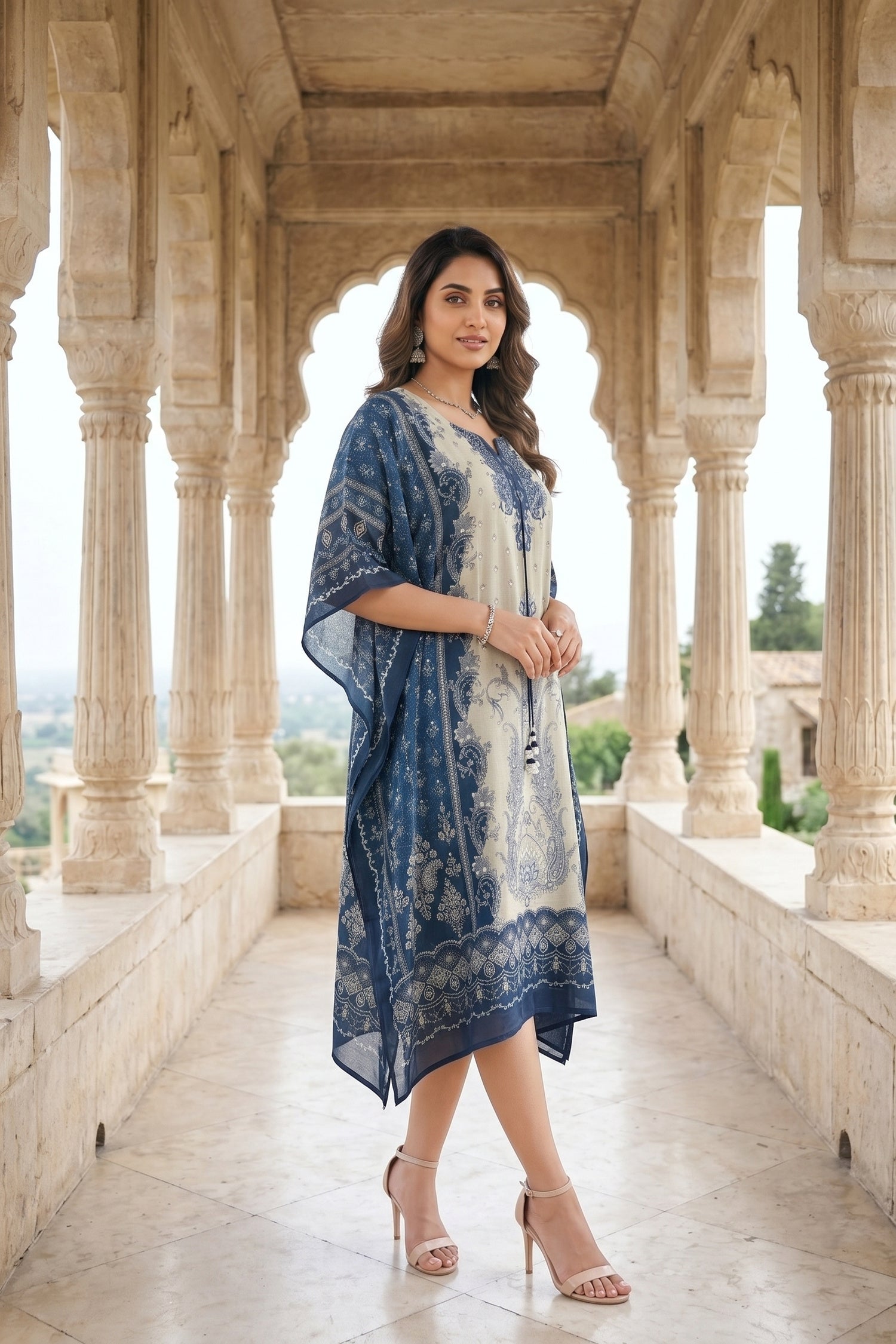 Midnight Blue Chinon Silk Long Kaftan Dress