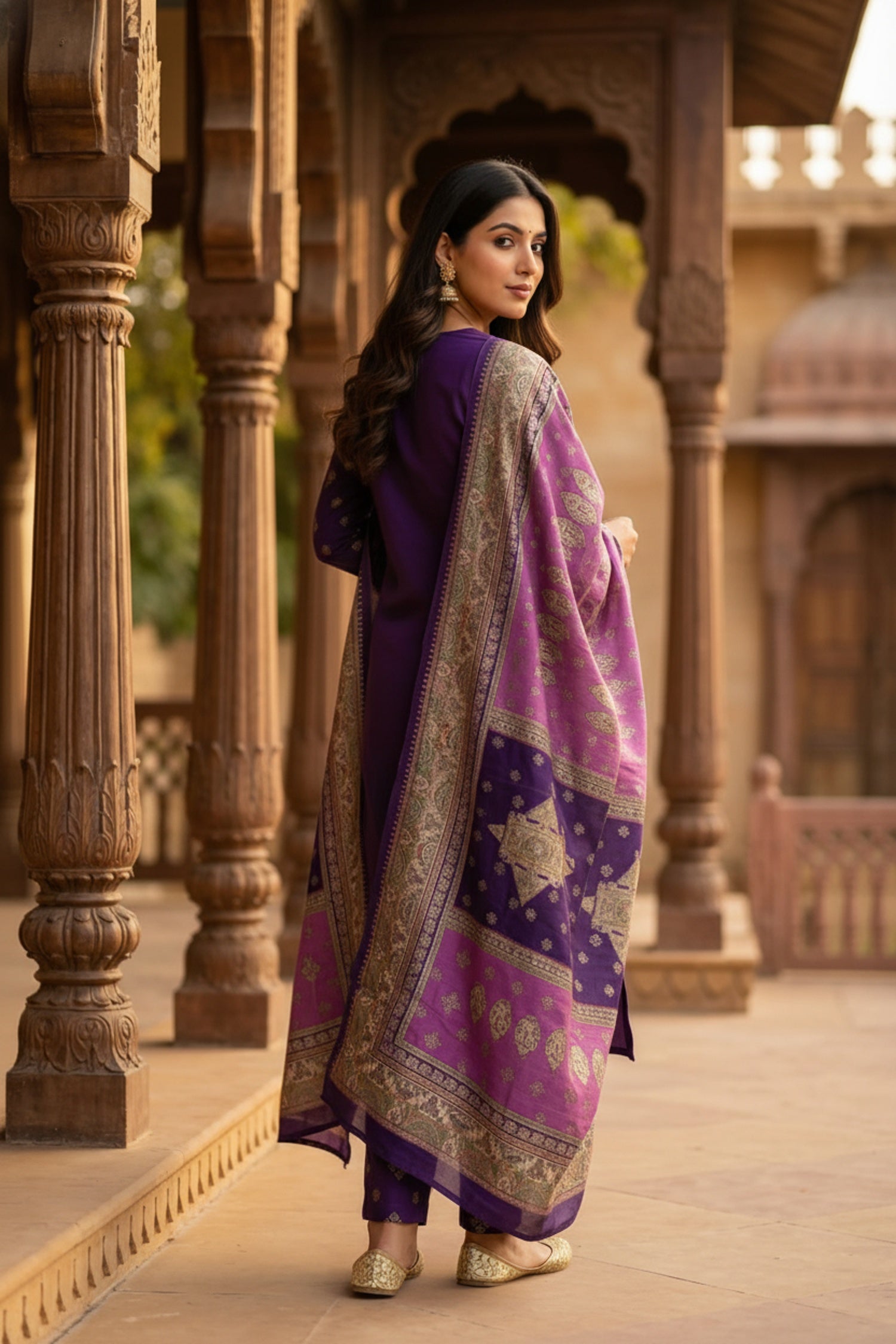 Purple Royale Straight-Cut Embroidered Three Piece Suit Set