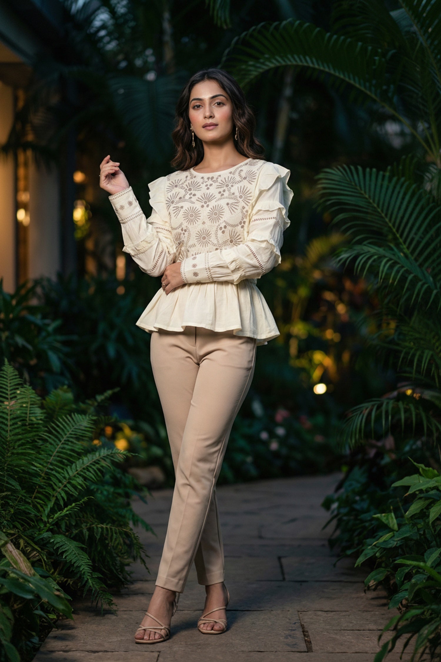 Cream Thread Embroidered Puff Sleeve Top