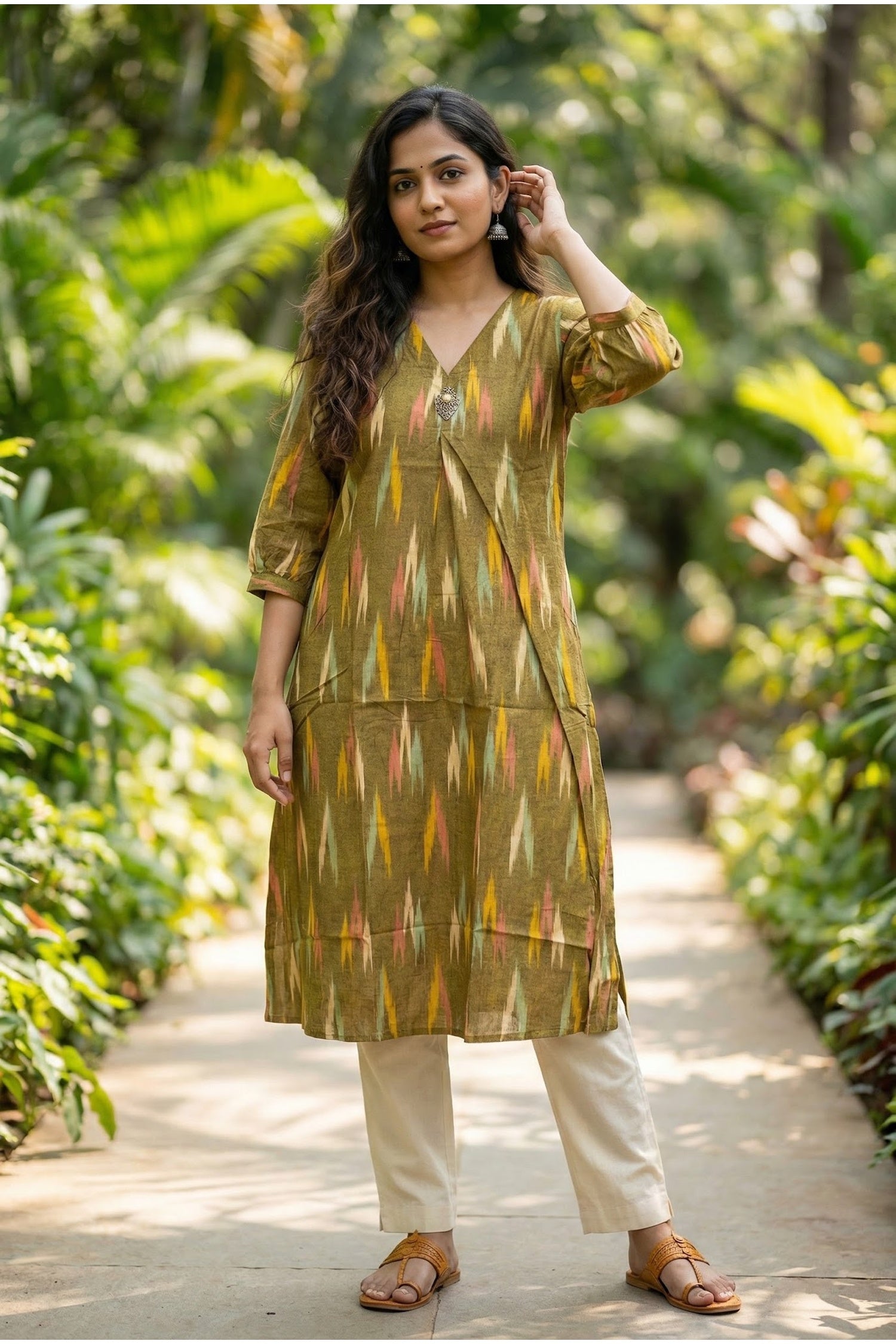 Greenish Yellow Multicolor Patterned Long Kurti