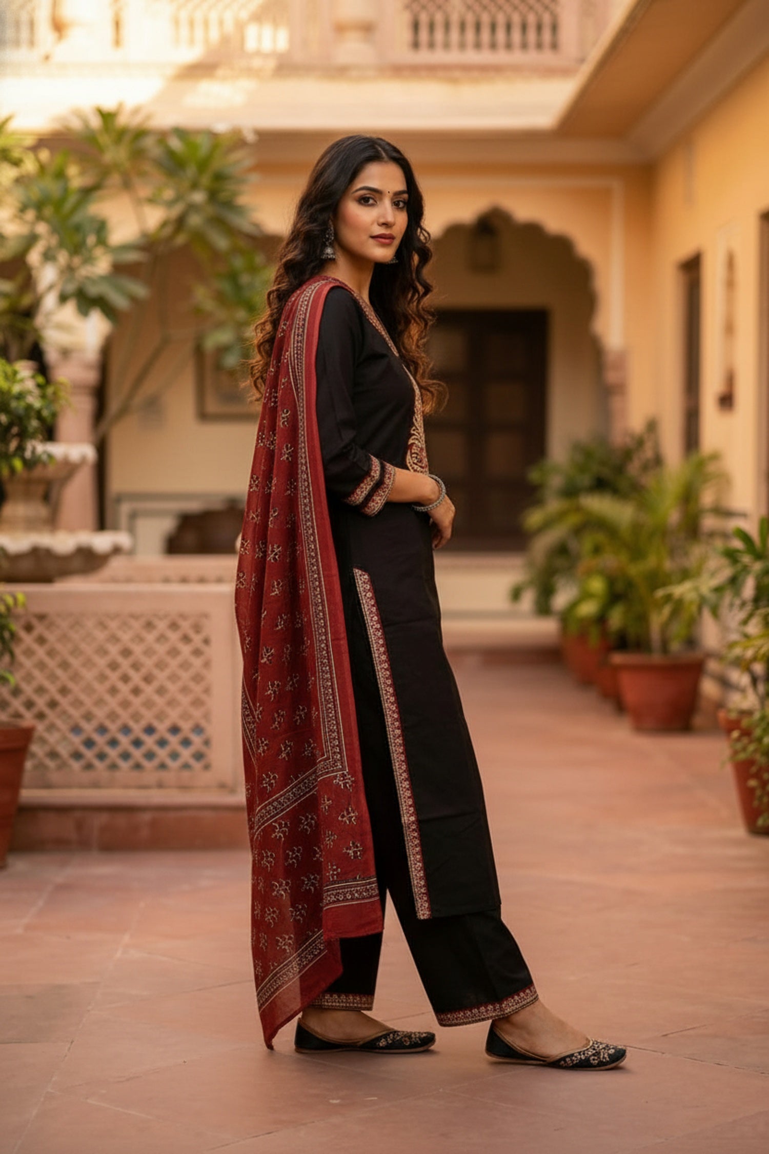 Black Straight-Cut Suit Set with Printed Dupatta