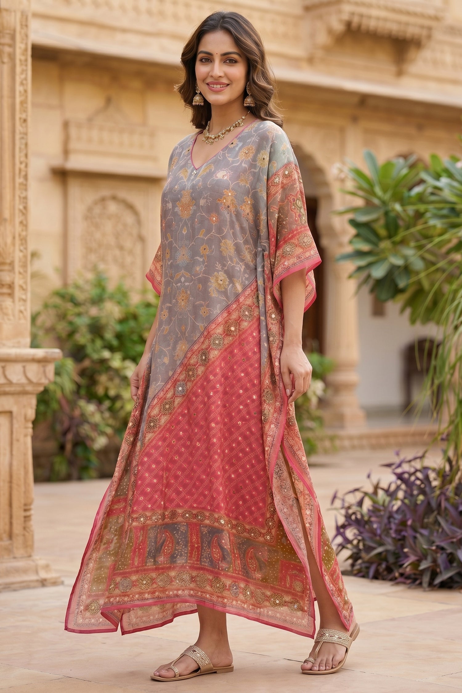 Mono Floral Printed Long Kaftan
