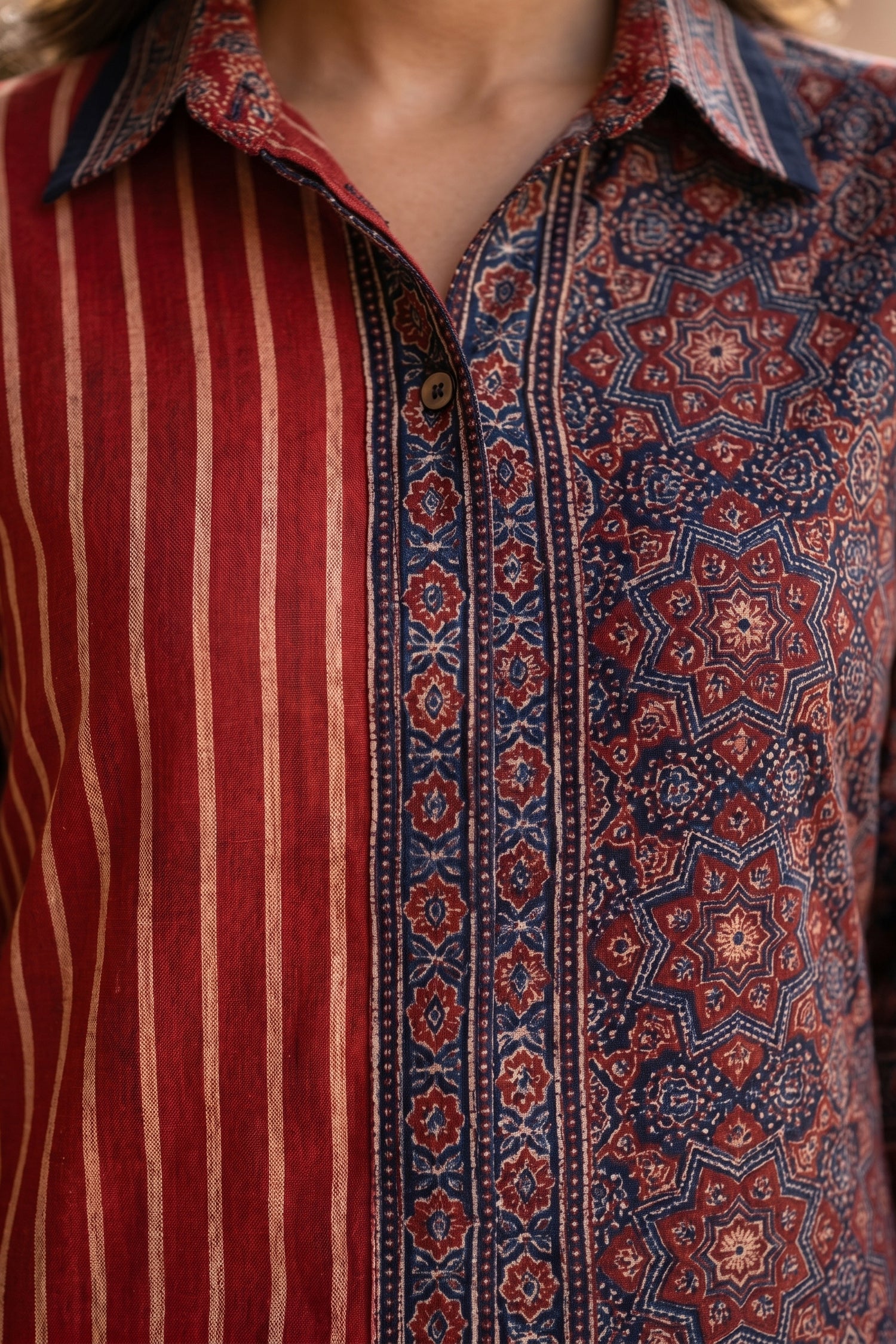 Rich Maroon Red Ajarak Print Crepe Shirt