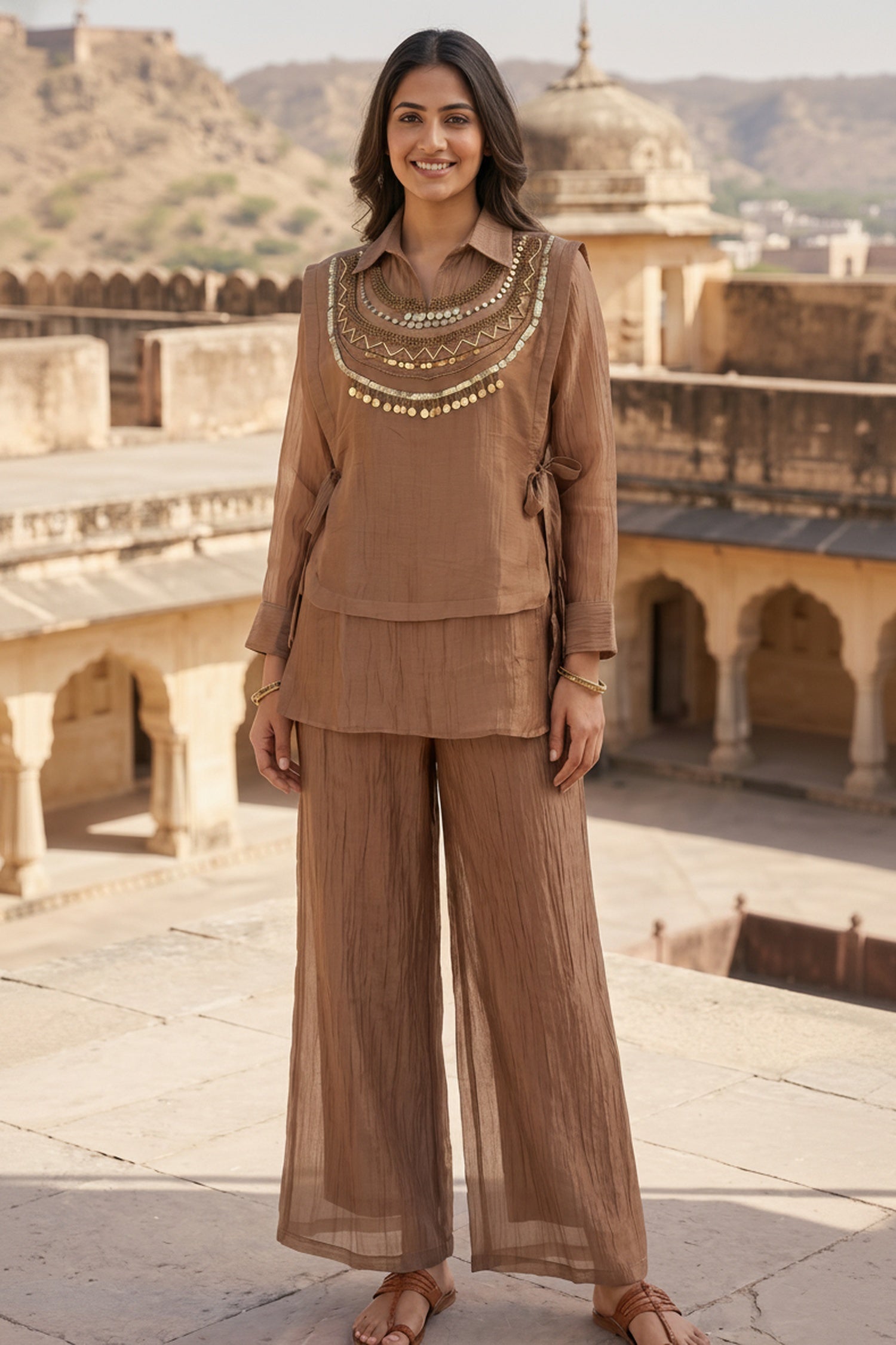 Brown Graceful Tissue intricate Embroidered Jacket Chinon Cord Set