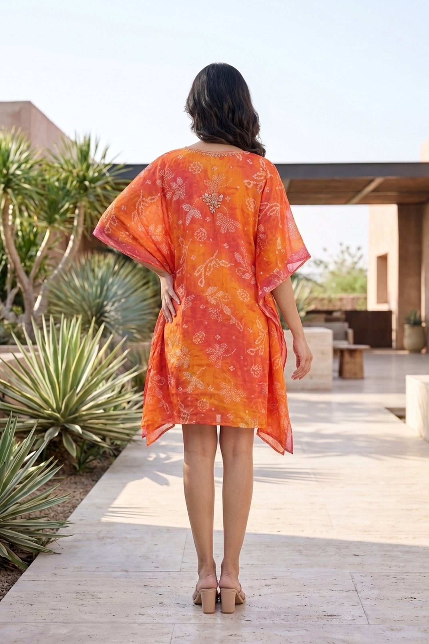 Orange Printed V-Neck Short Kaftan Dress