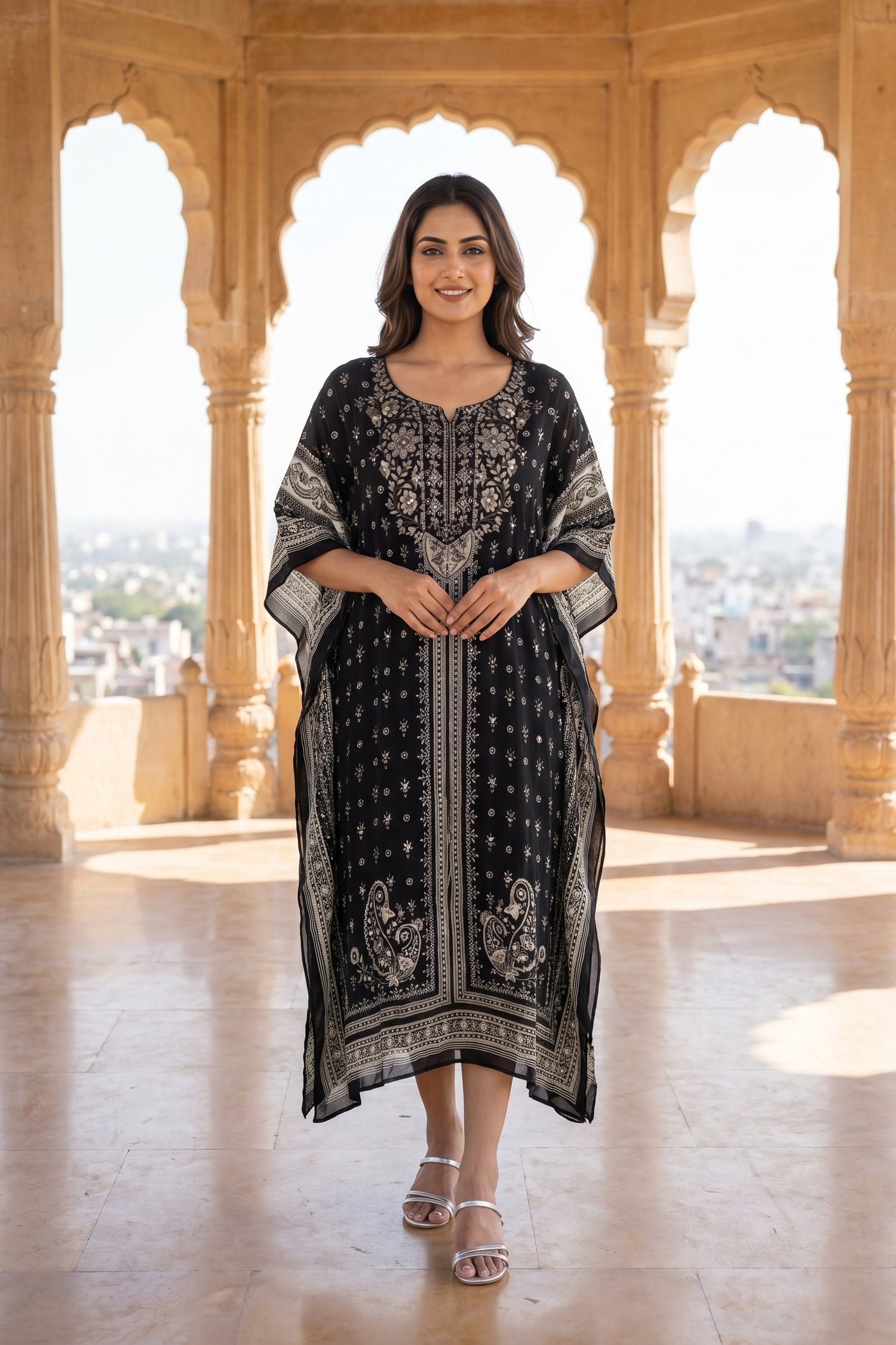 Black & White Printed Chinon Silk Long Kaftan