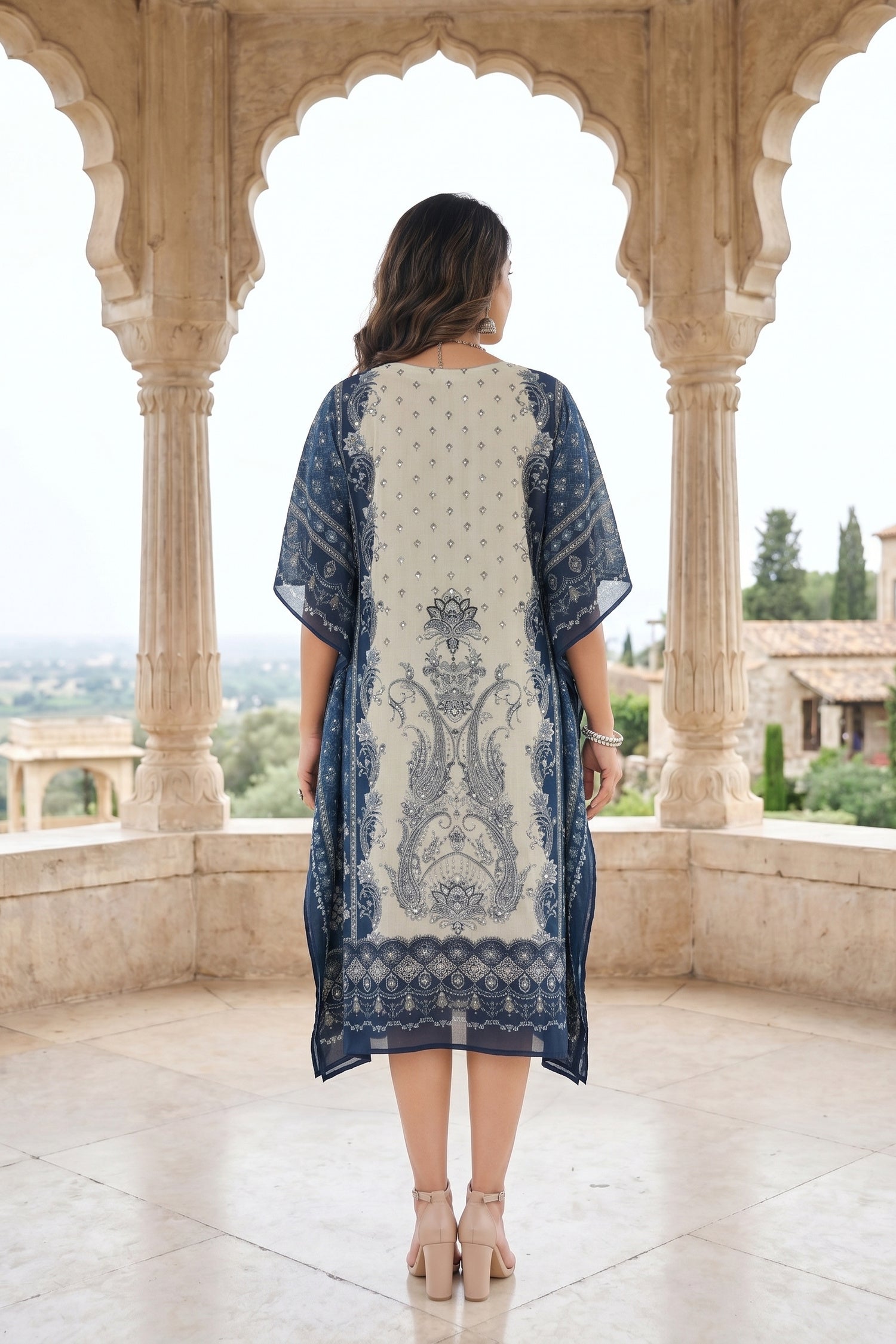 Midnight Blue Chinon Silk Long Kaftan Dress