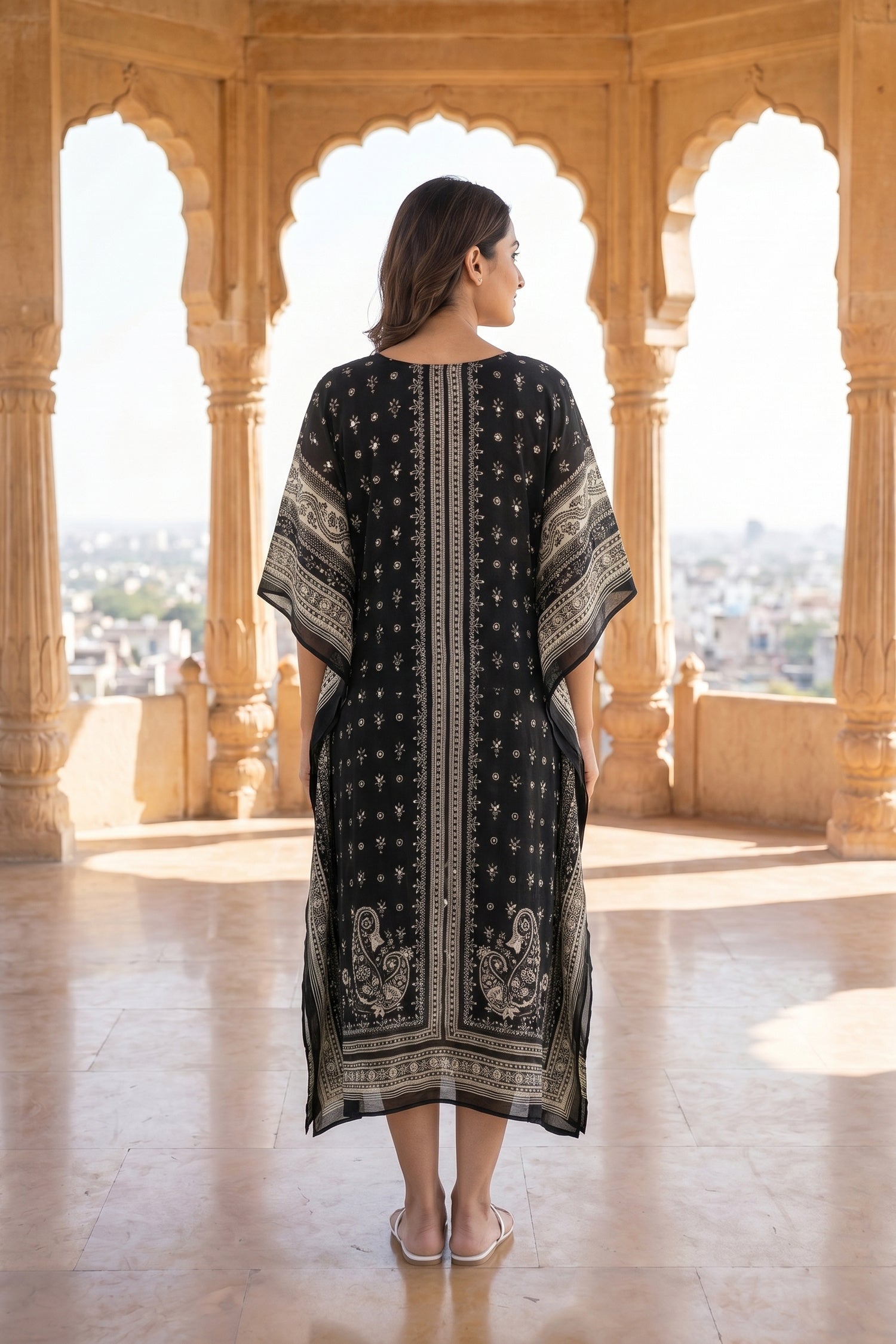 Black & White Printed Chinon Silk Long Kaftan