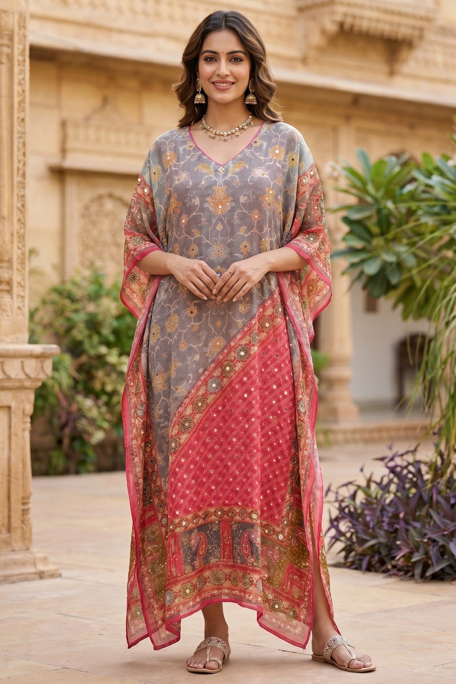 Mono Floral Printed Long Kaftan