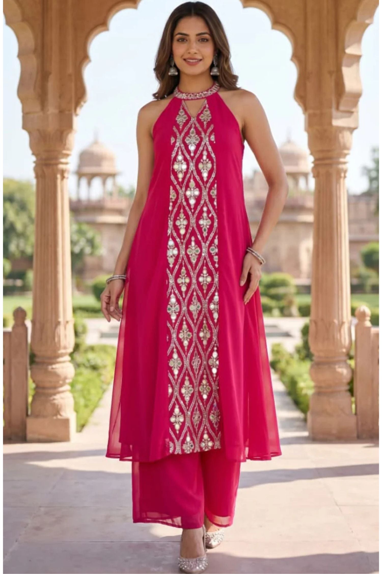 Festive Elegance Magenta Pink Halter Neck Cord Set