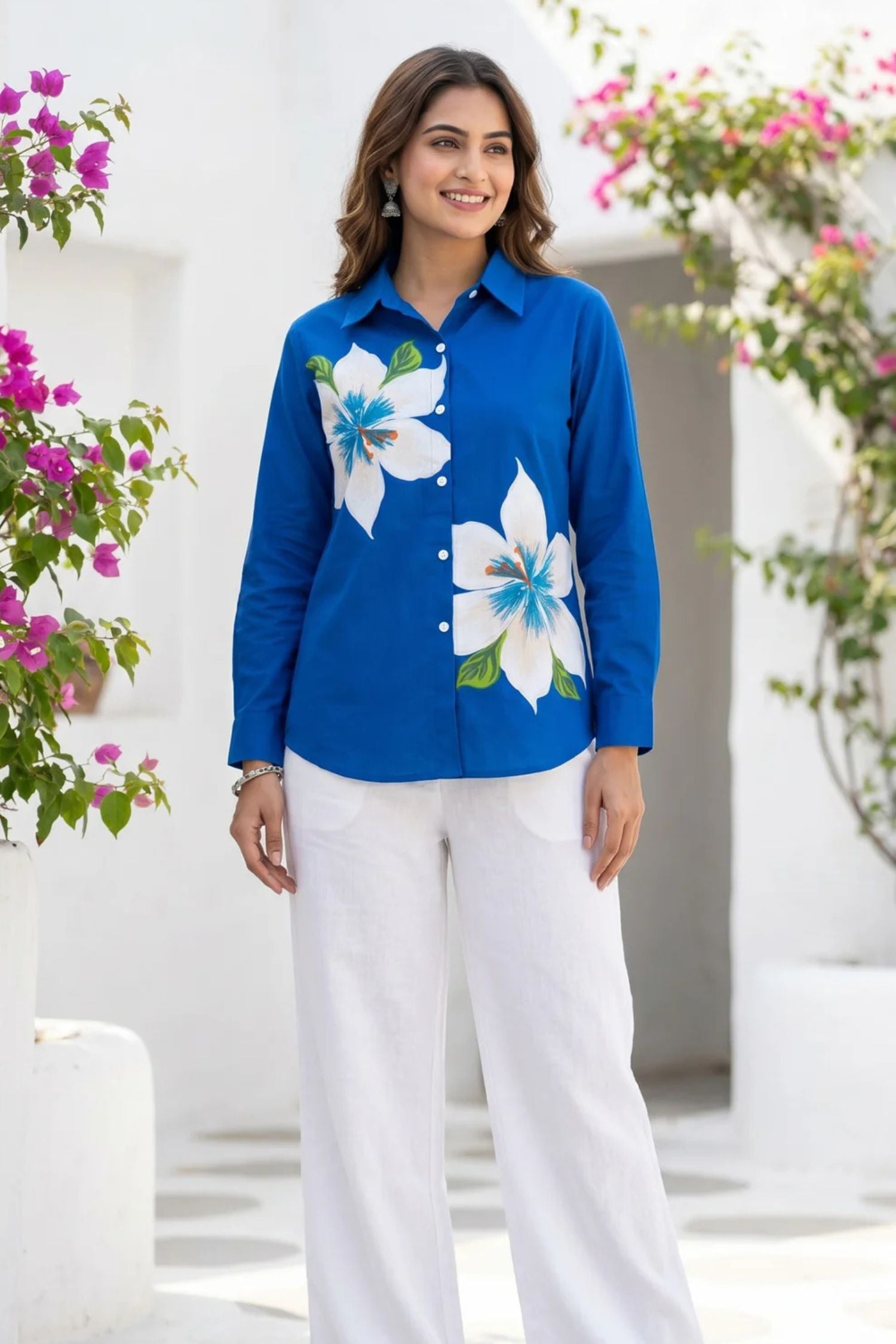 Women Relaxed Cotton Shirt in Blue.