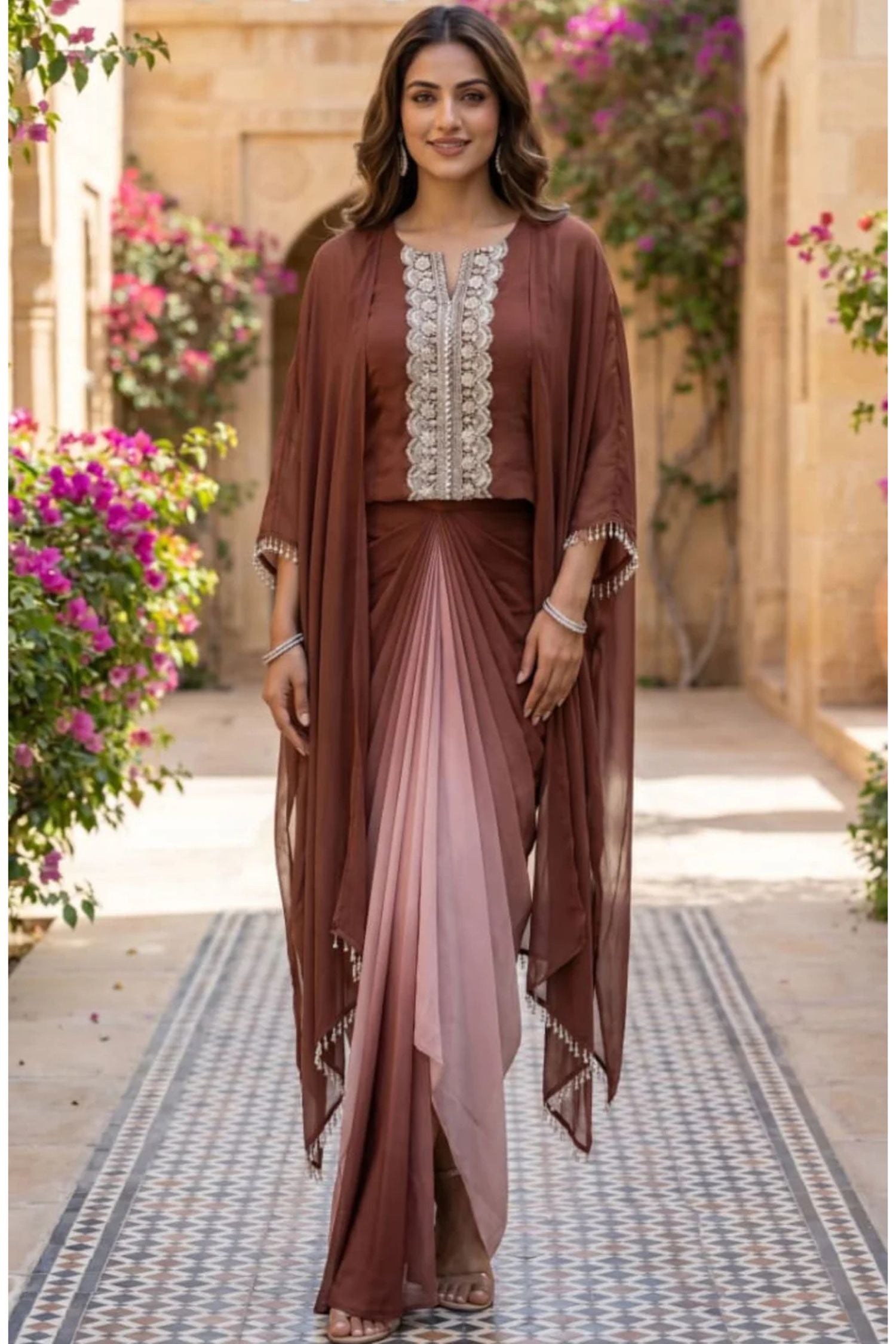 Chestnut Brown Ombre Draped Dhoti set