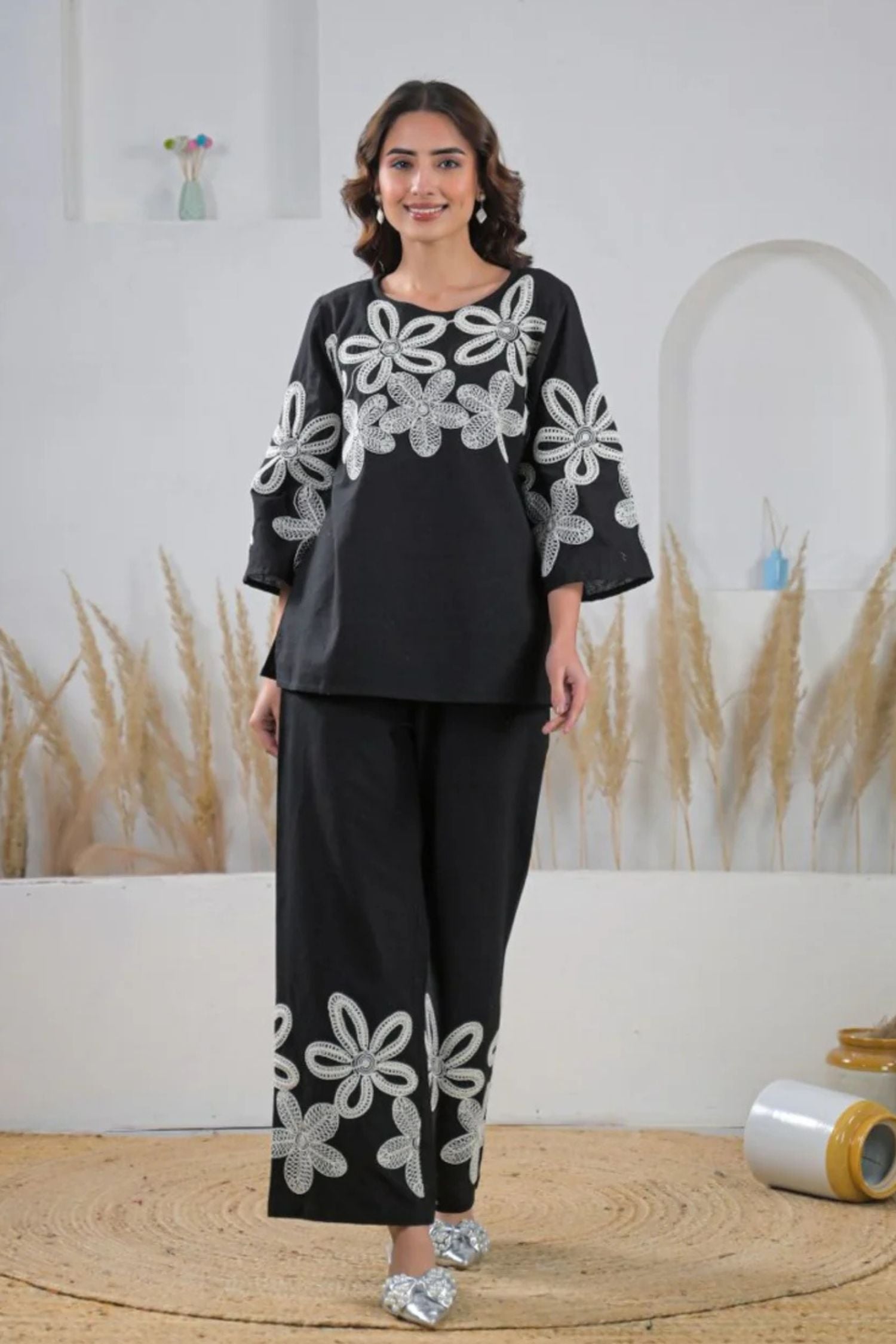 Black Cotton Embroidered Top and Bottom Cord set