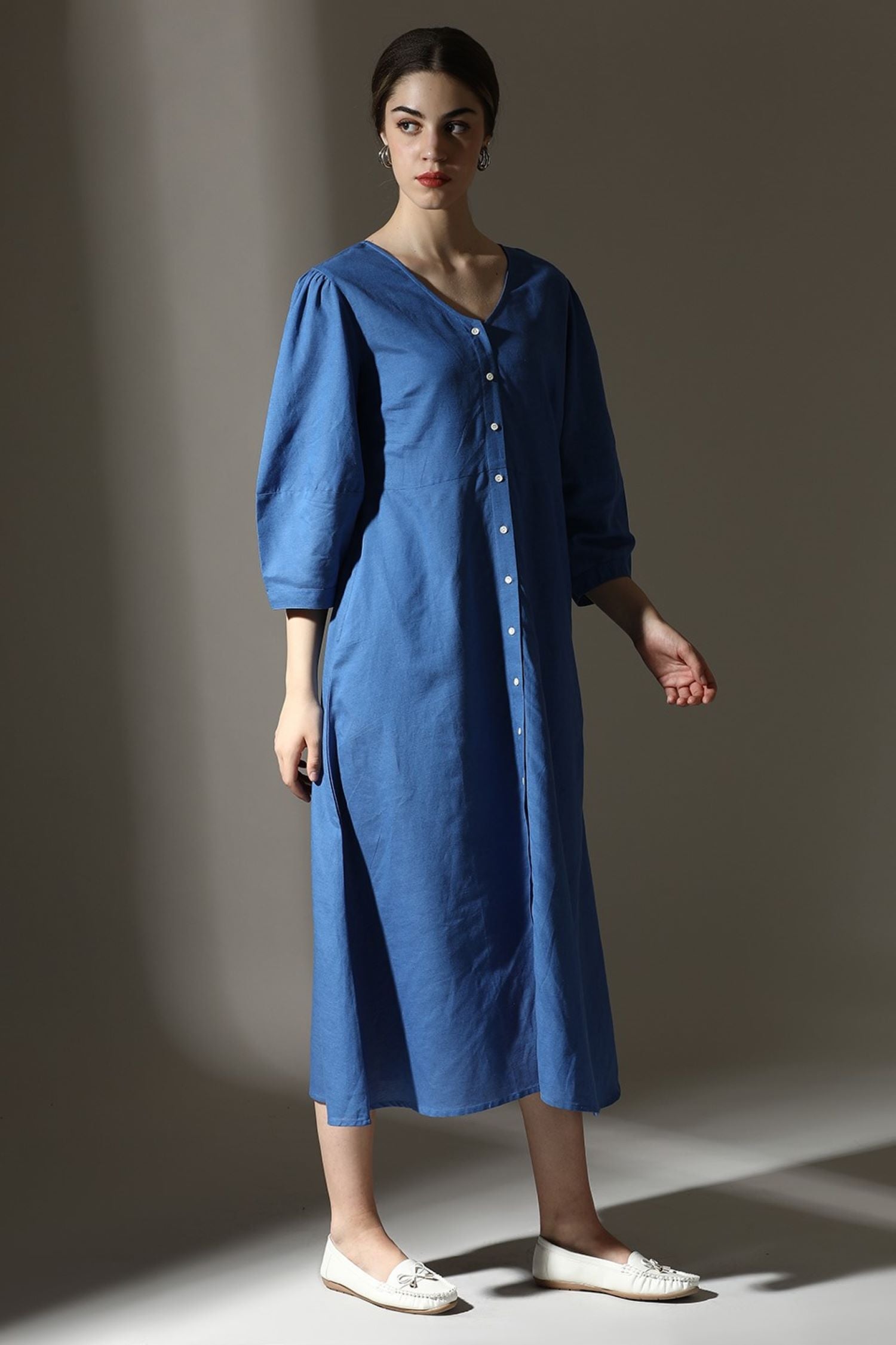 Graceful Blue Buttoned Midi Dress
