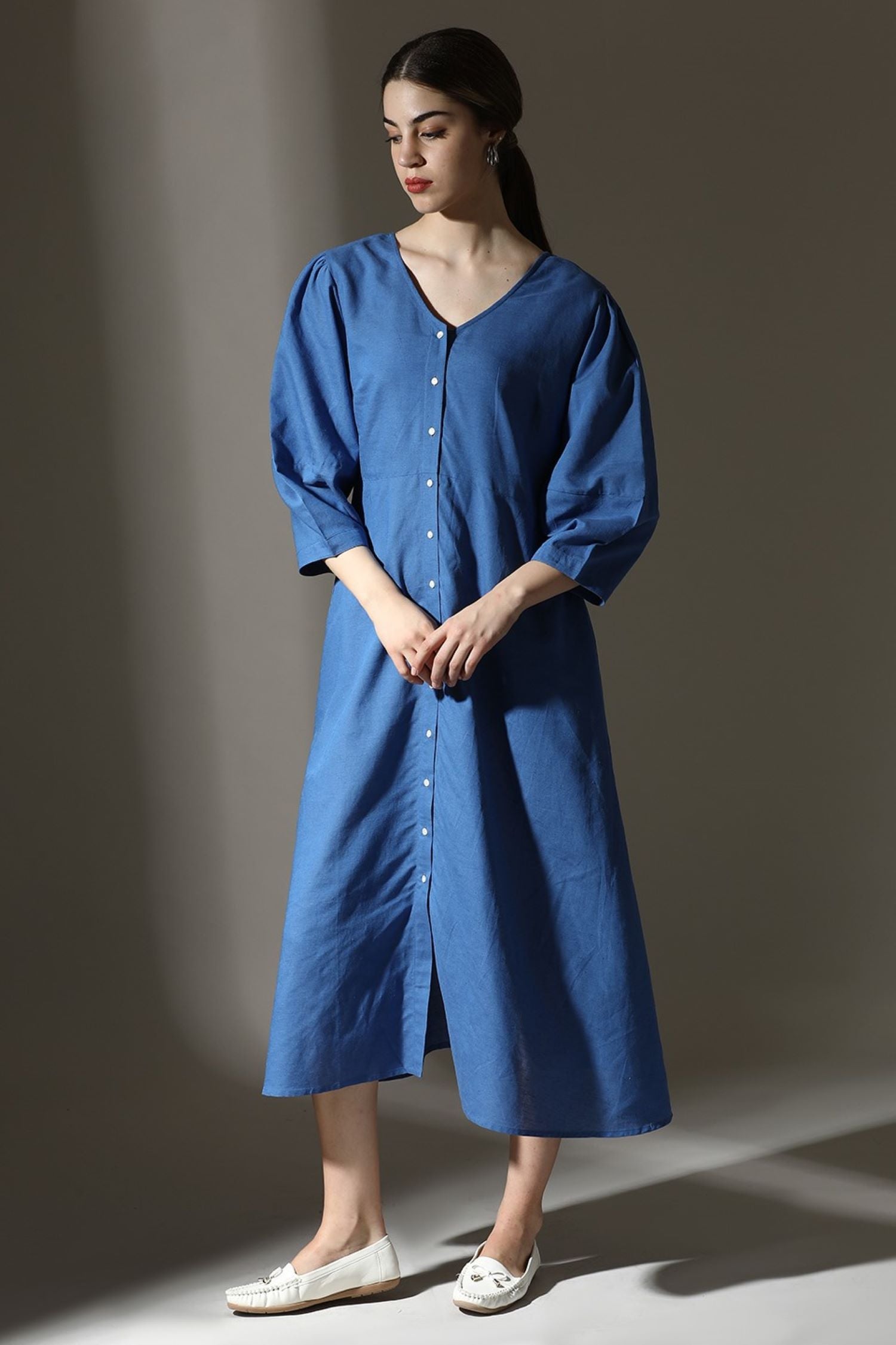 Graceful Blue Buttoned Midi Dress