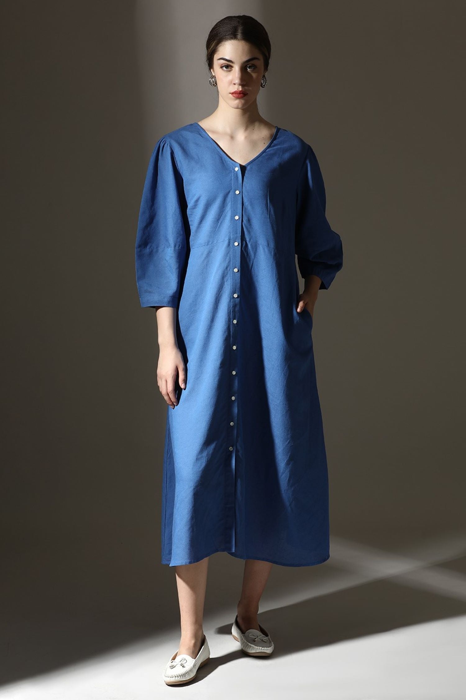 Graceful Blue Buttoned Midi Dress