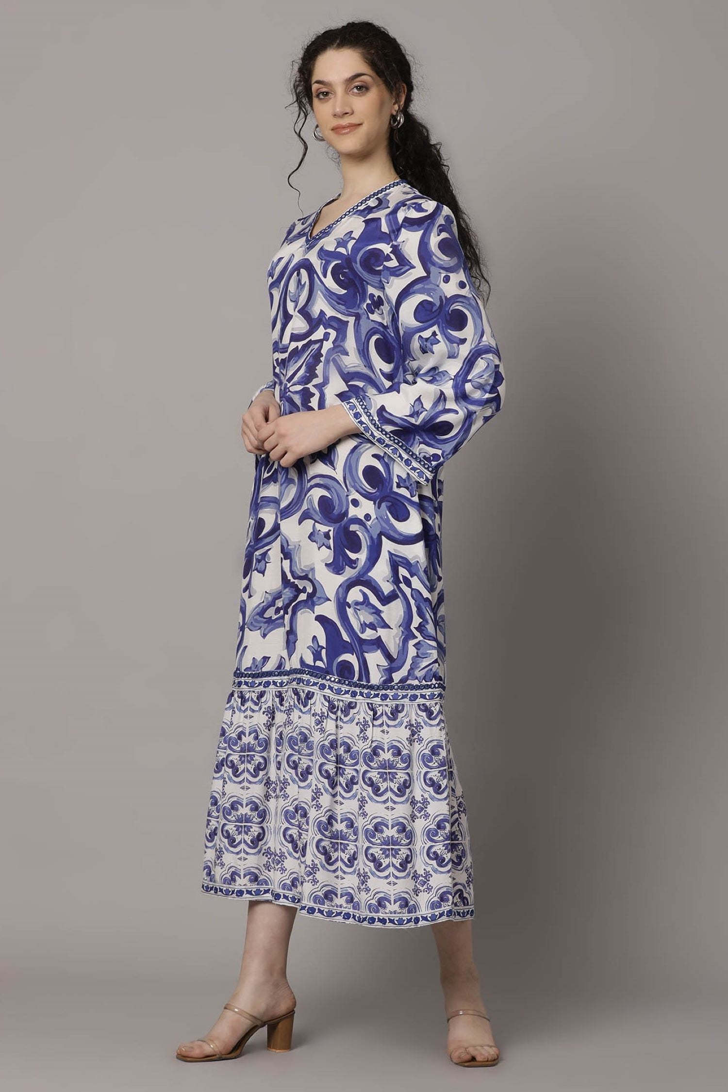 Blue Bloom Printed Long Sleeve Dress
