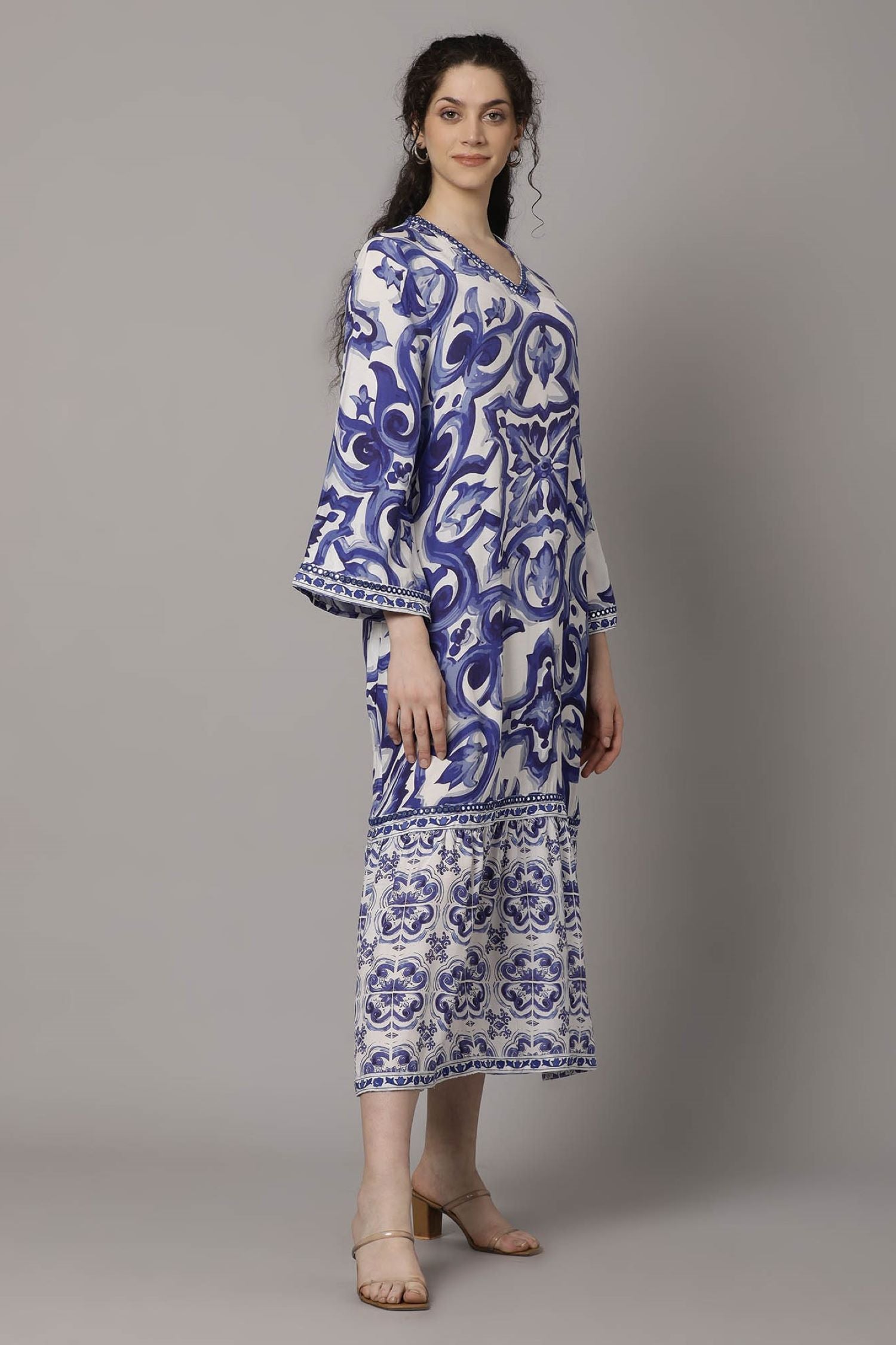 Blue Bloom Printed Long Sleeve Dress