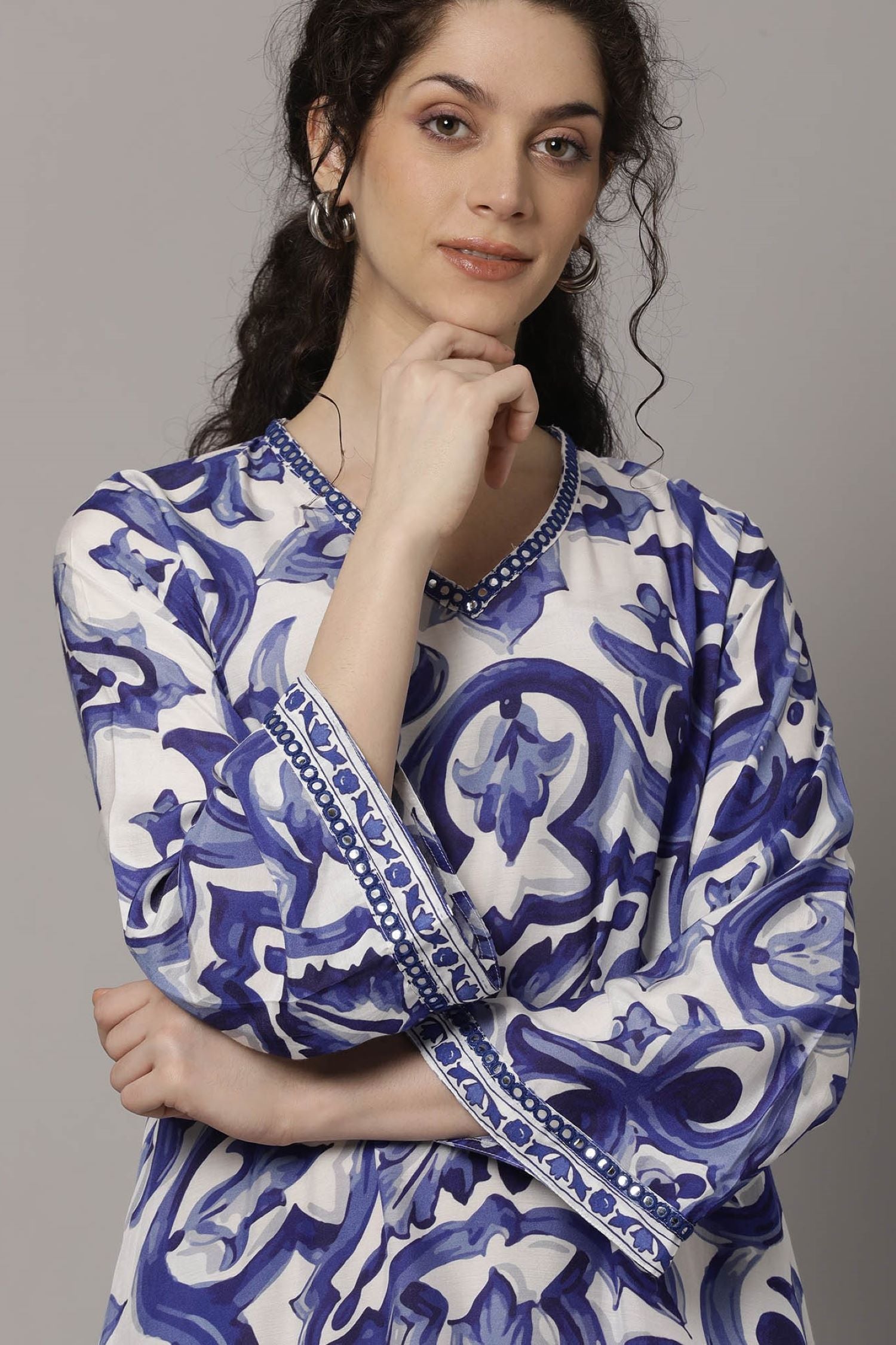 Blue Bloom Printed Long Sleeve Dress