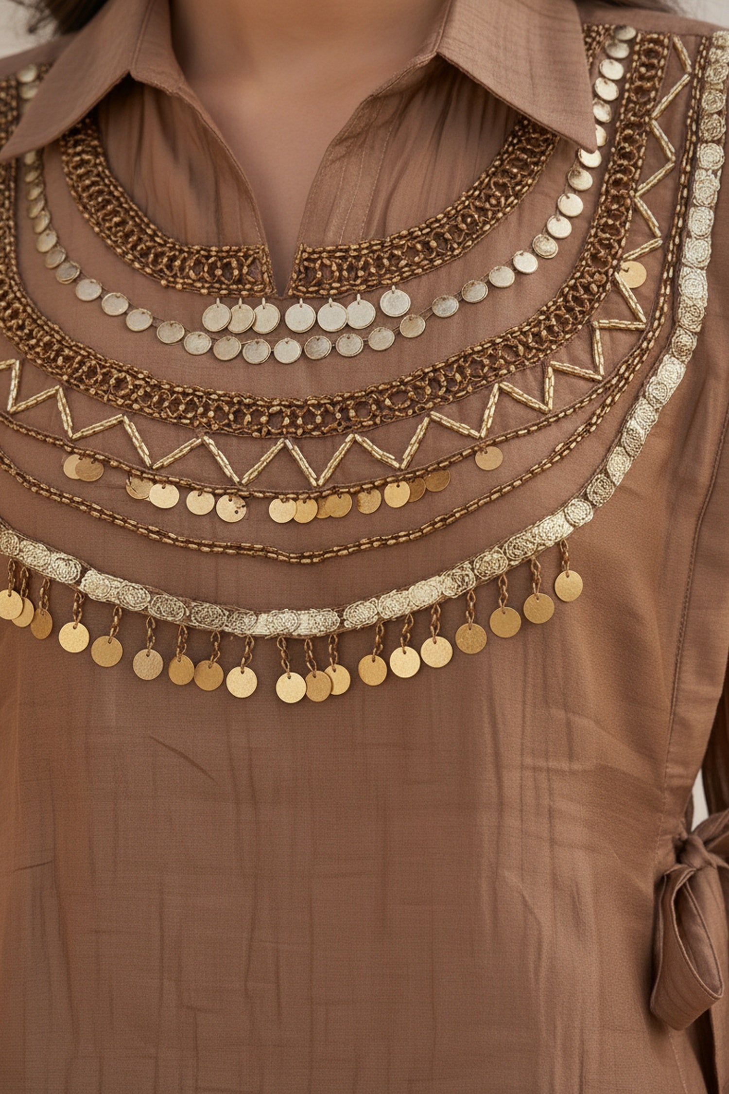 Brown Graceful Tissue intricate Embroidered Jacket Chinon Cord Set