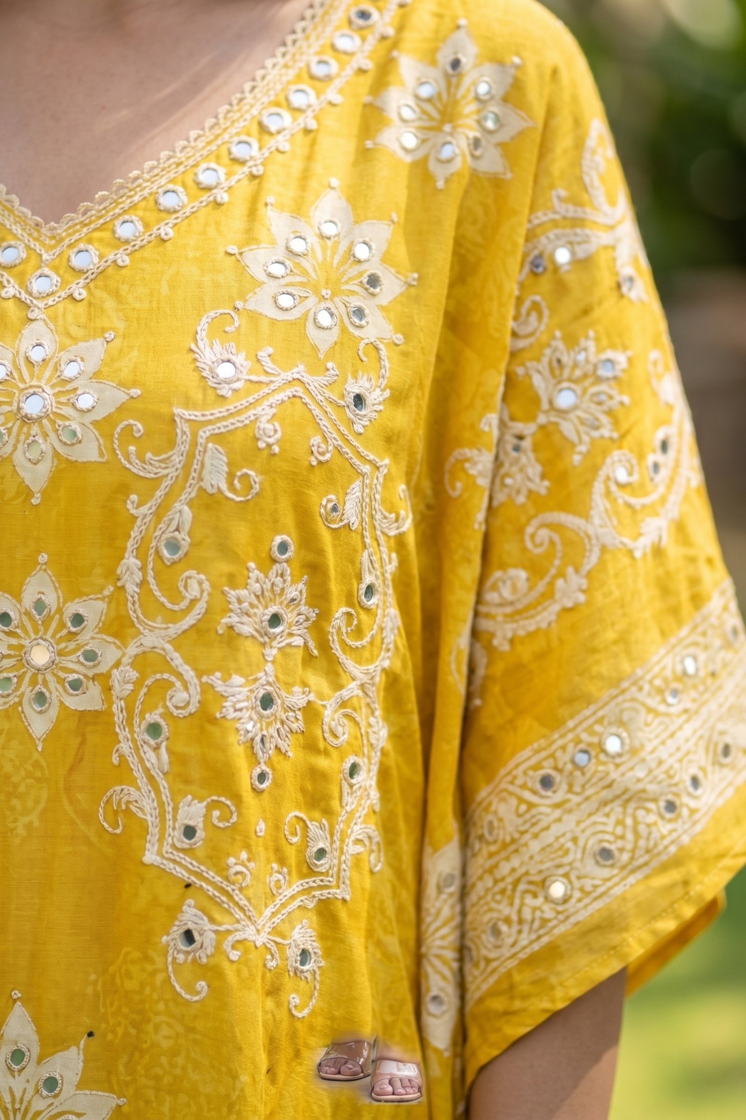 Long Yellow Chinon Silk Kaftan with Digital Print