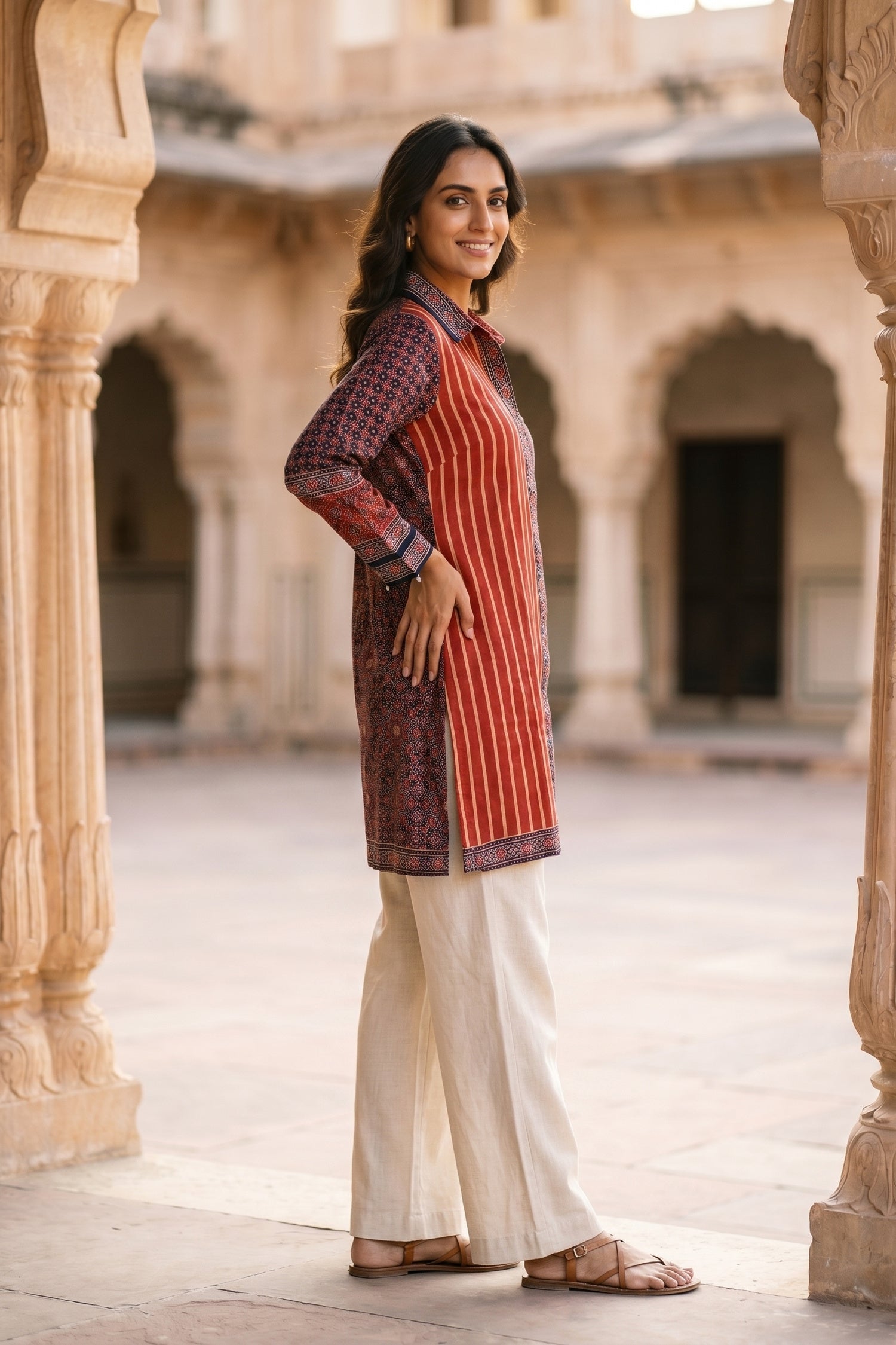Rich Maroon Red Ajarak Print Crepe Shirt