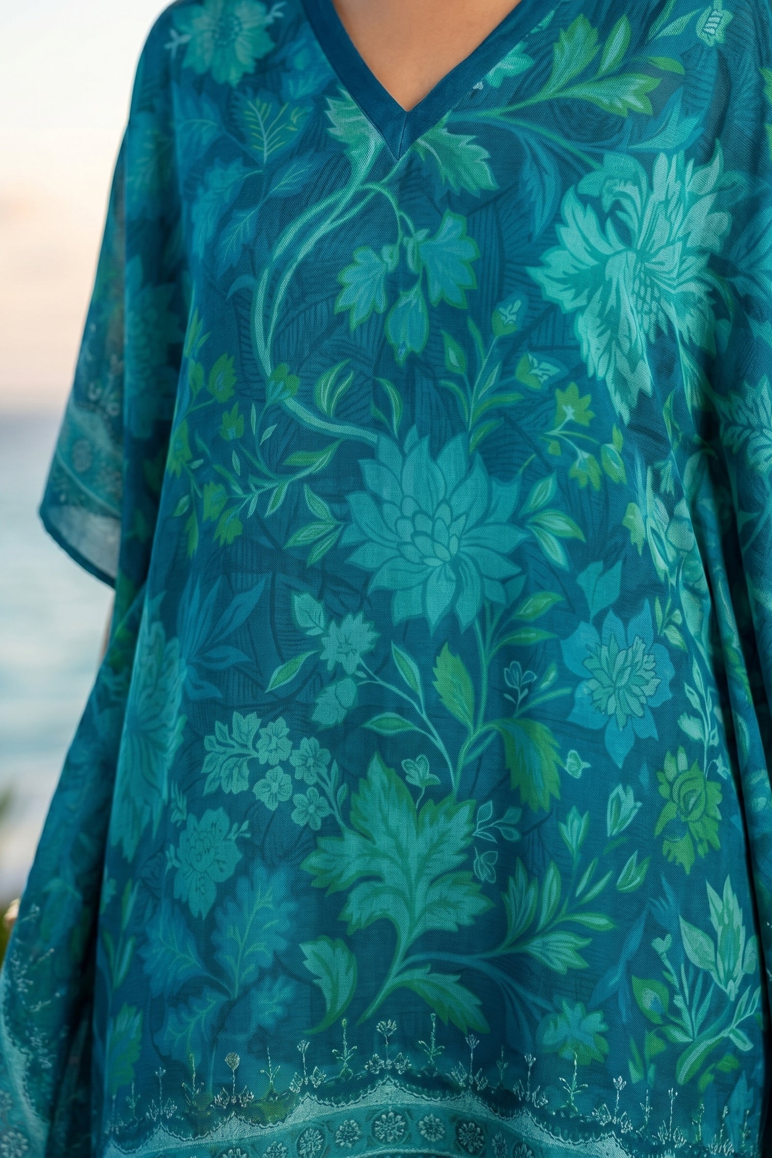 Teal Blue Printed Viscose Short Kaftan