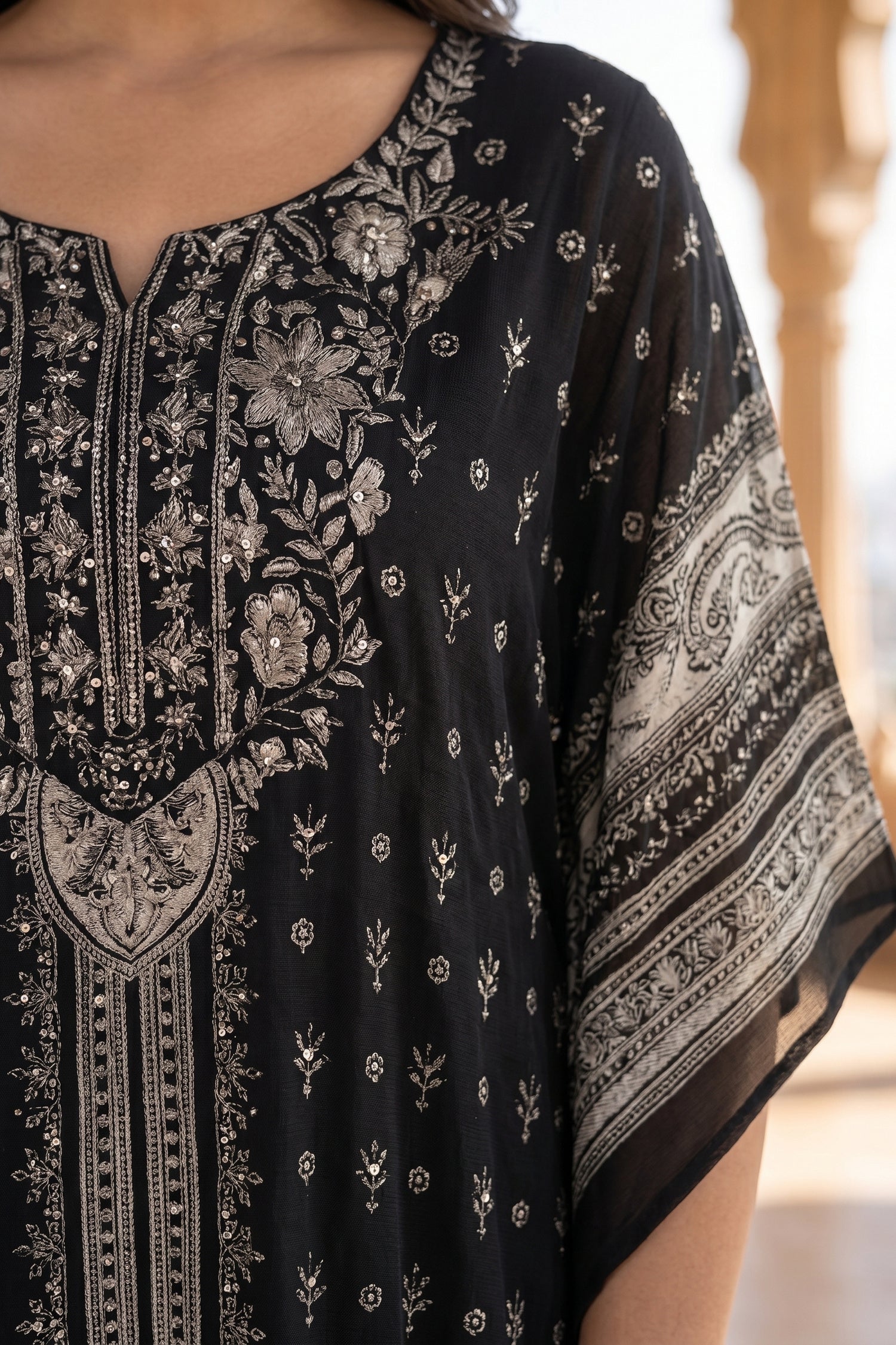 Black & White Printed Chinon Silk Long Kaftan