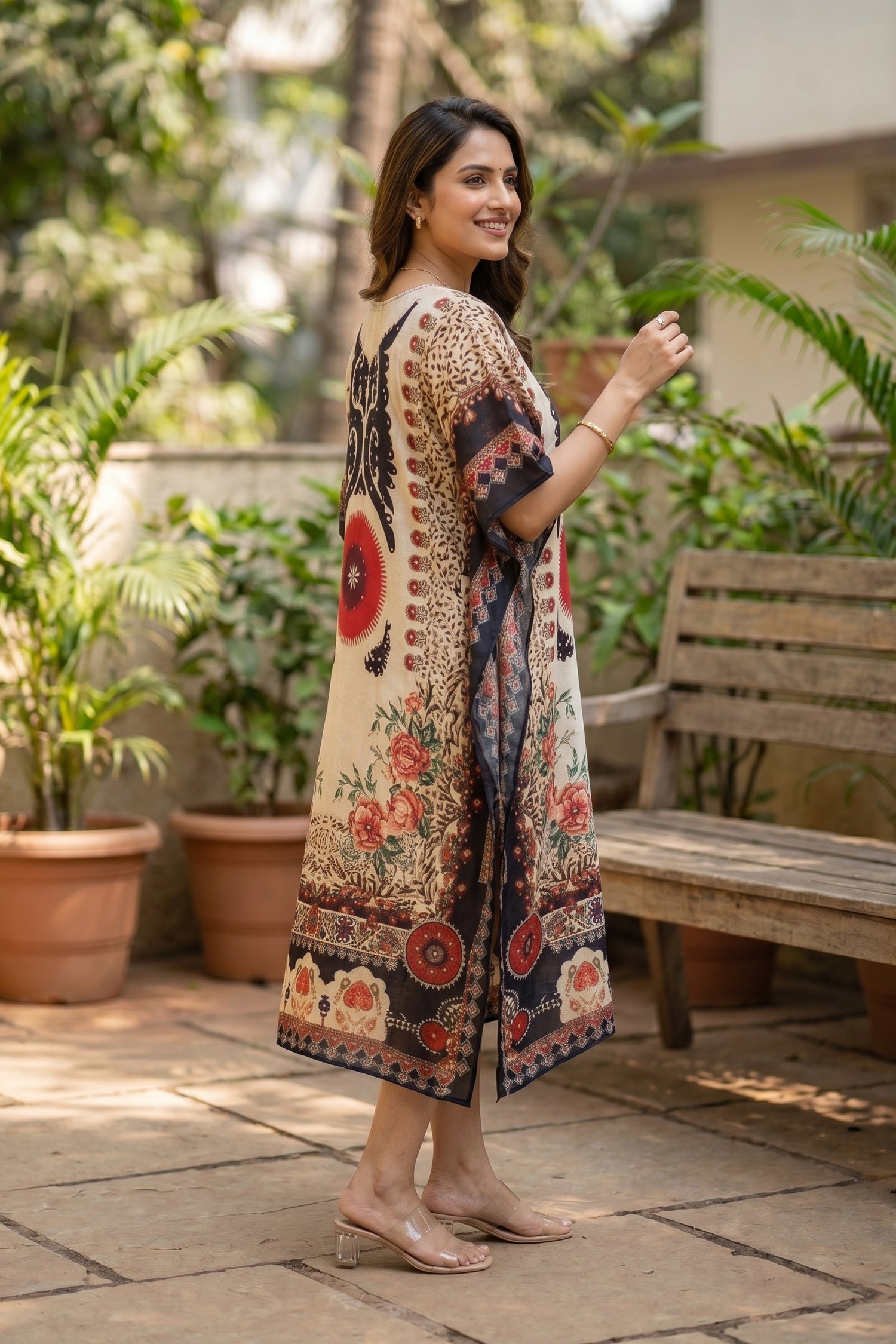 Ethnic Floral Print Long Kaftan Dress