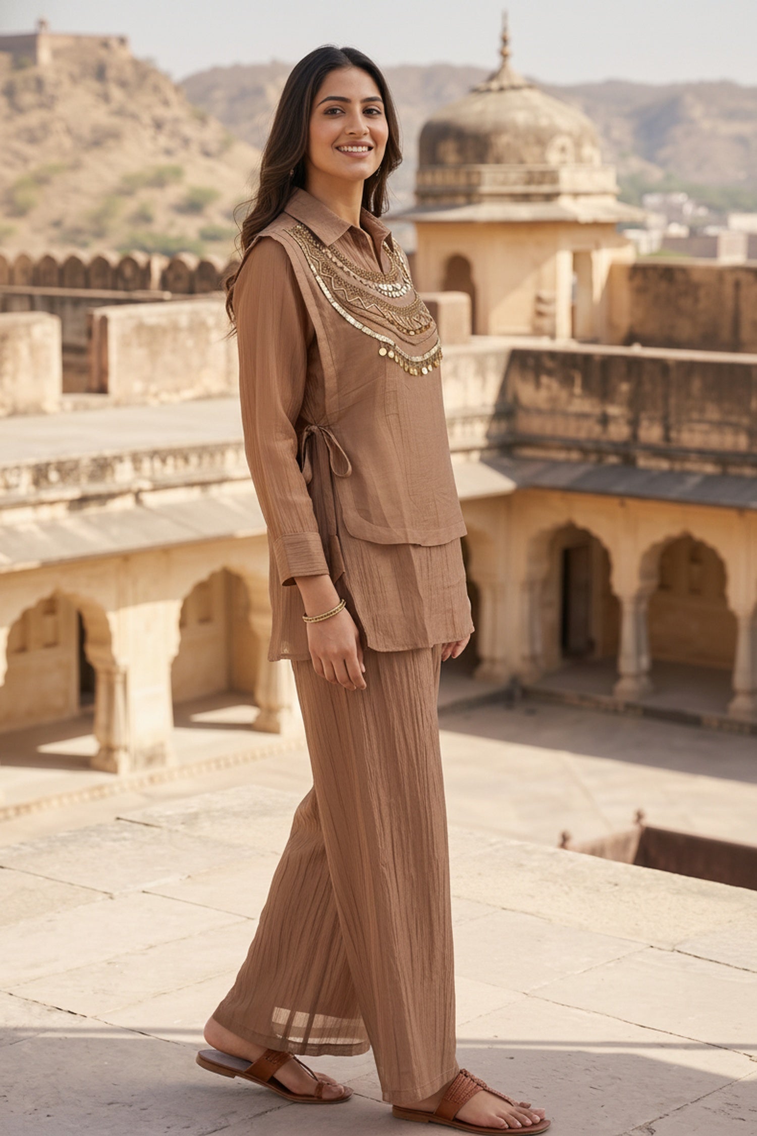 Brown Graceful Tissue intricate Embroidered Jacket Chinon Cord Set