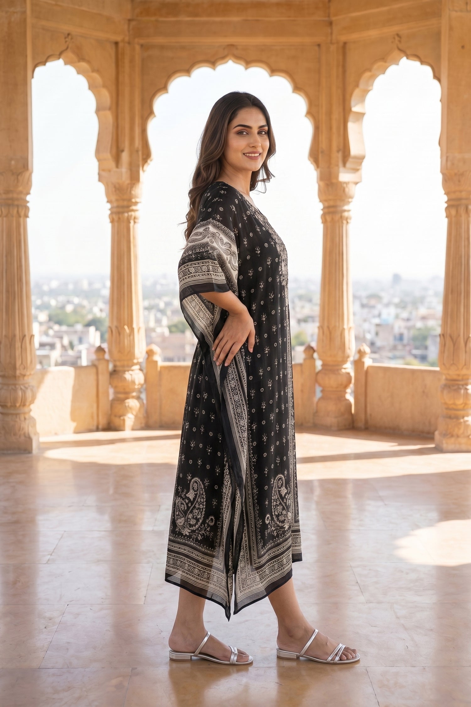 Black & White Printed Chinon Silk Long Kaftan